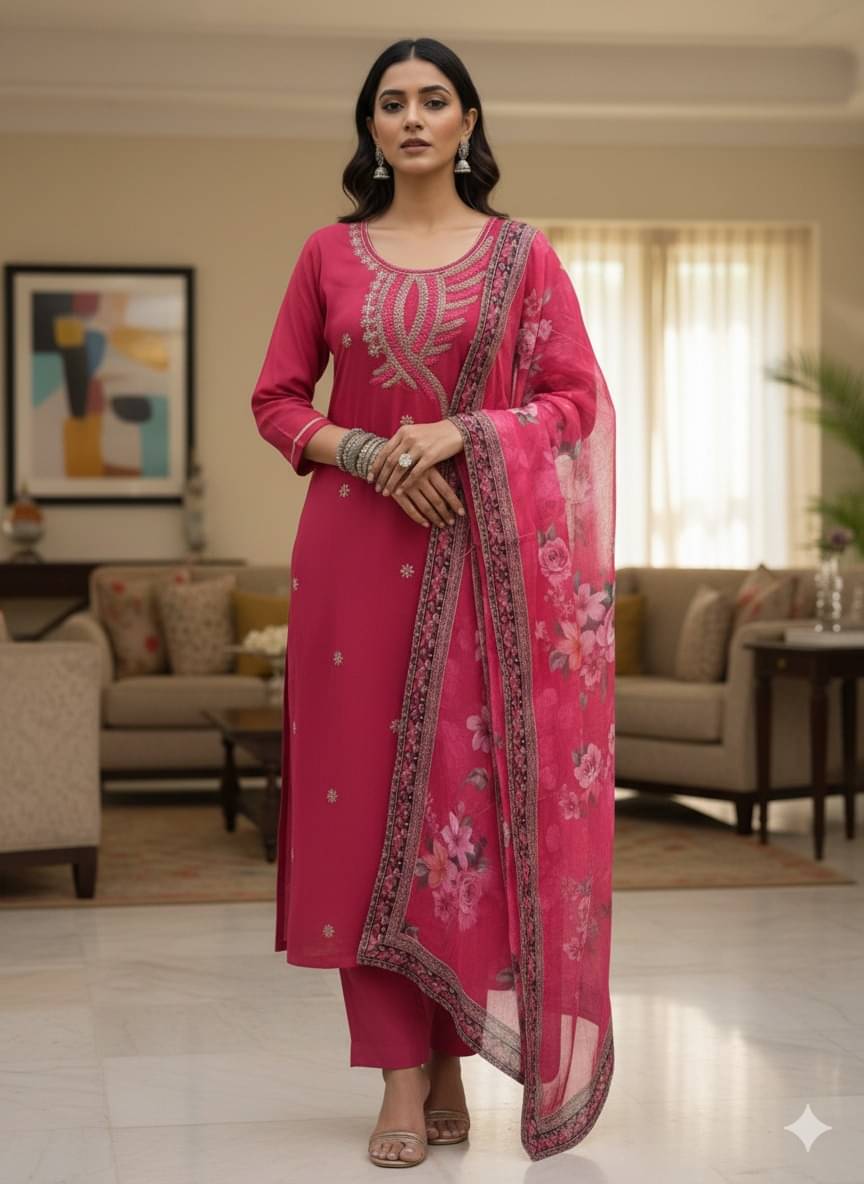     			ANKHIR ERA Women Rayon Embroidered A-line Kurti With Pants ( Pink )