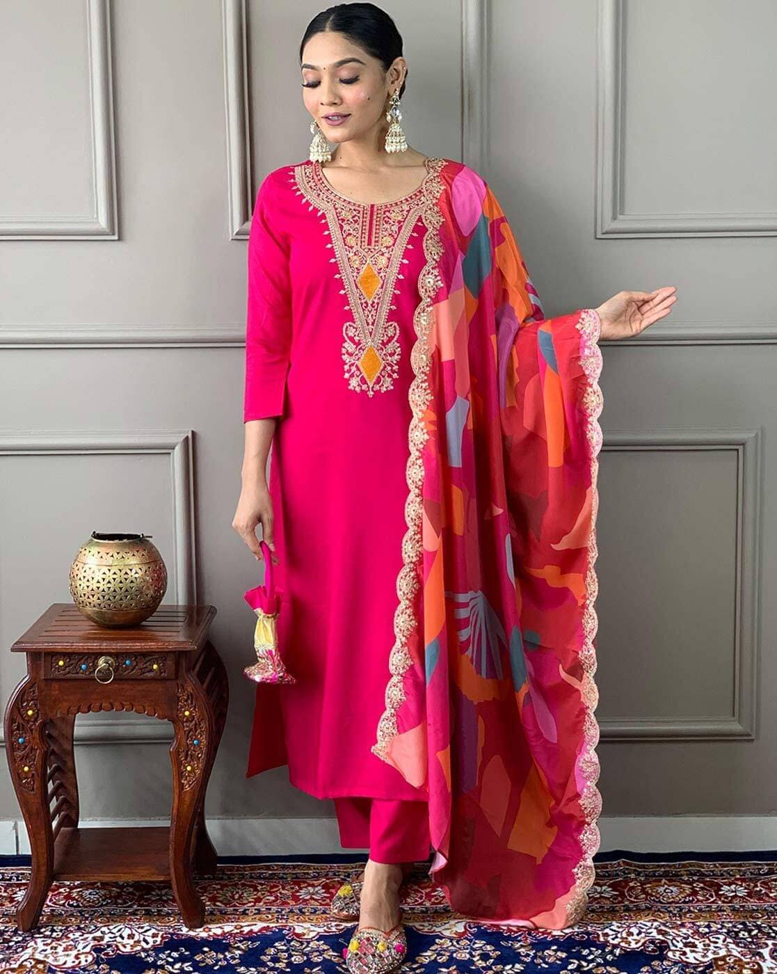     			ANKHIR ERA Women Rayon Embroidered A-line Kurti With Pants ( Pink )