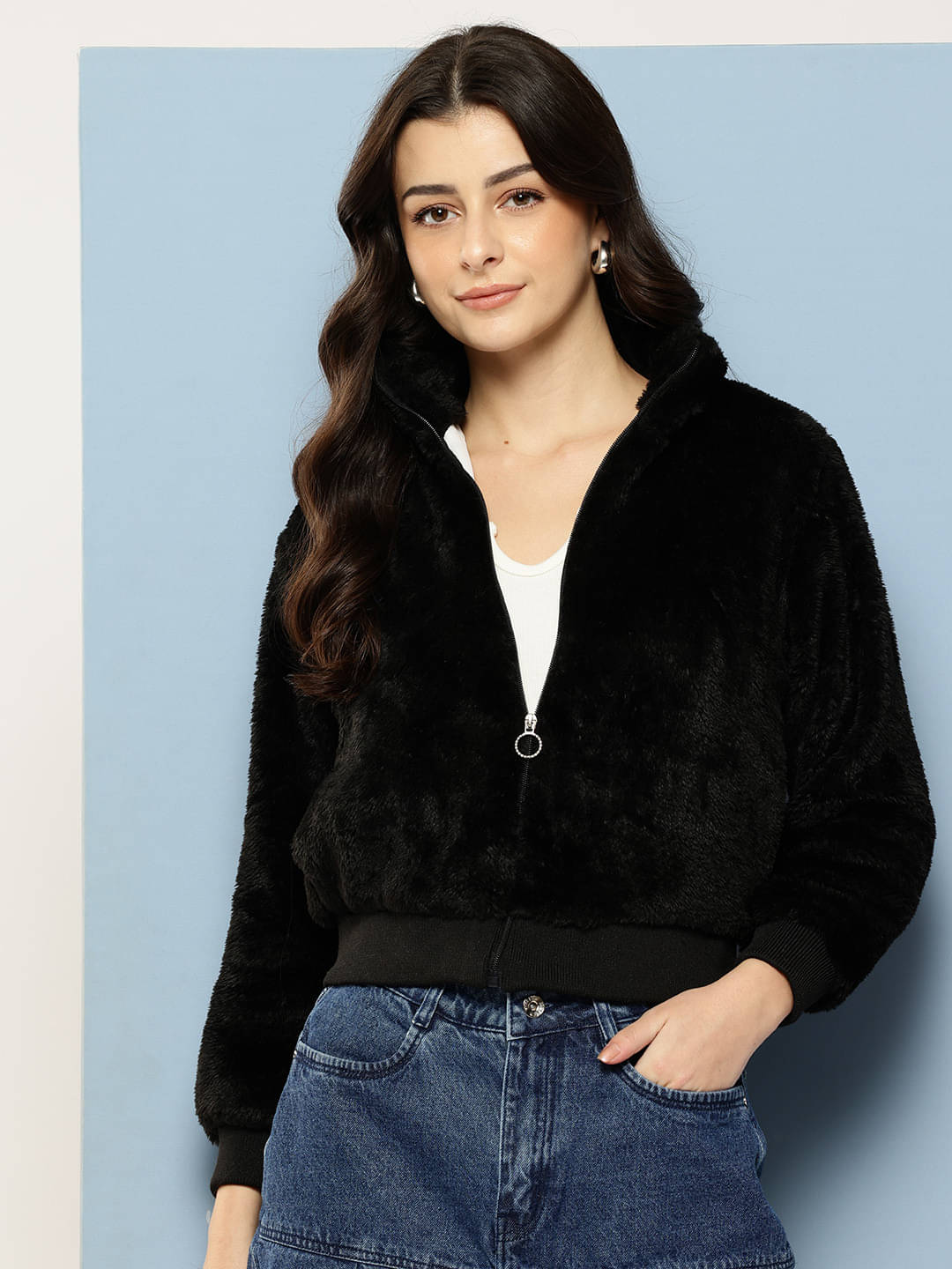     			Aarika Women Shirt Collar Fleece Jacket ( Black )
