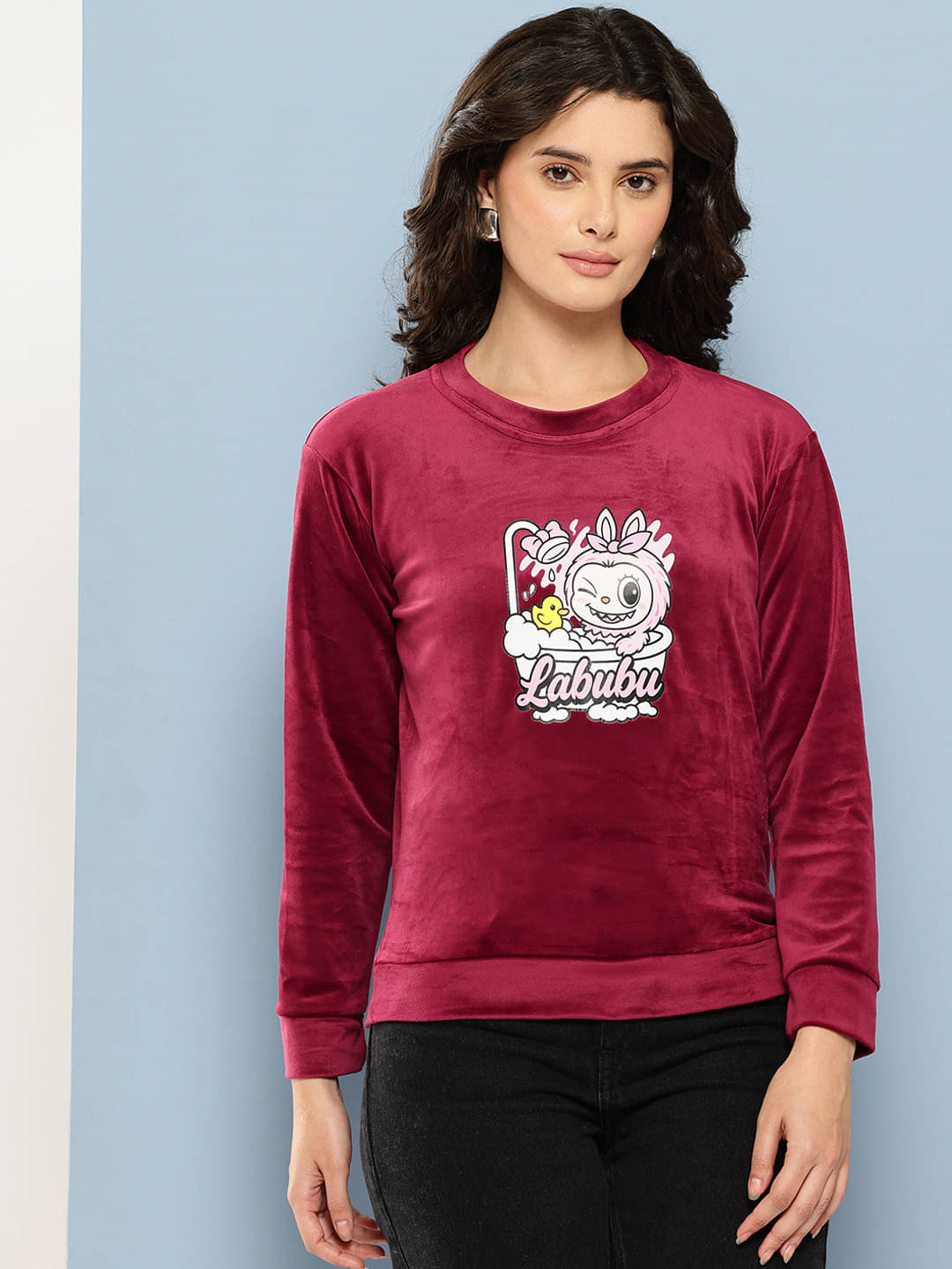 Aarika Women Velvet Round Neck Sweatshirt For Light Winters ( Maroon ) Aarika Women Velvet Round Neck Sweatshirt For Light Winters ( Maroon )