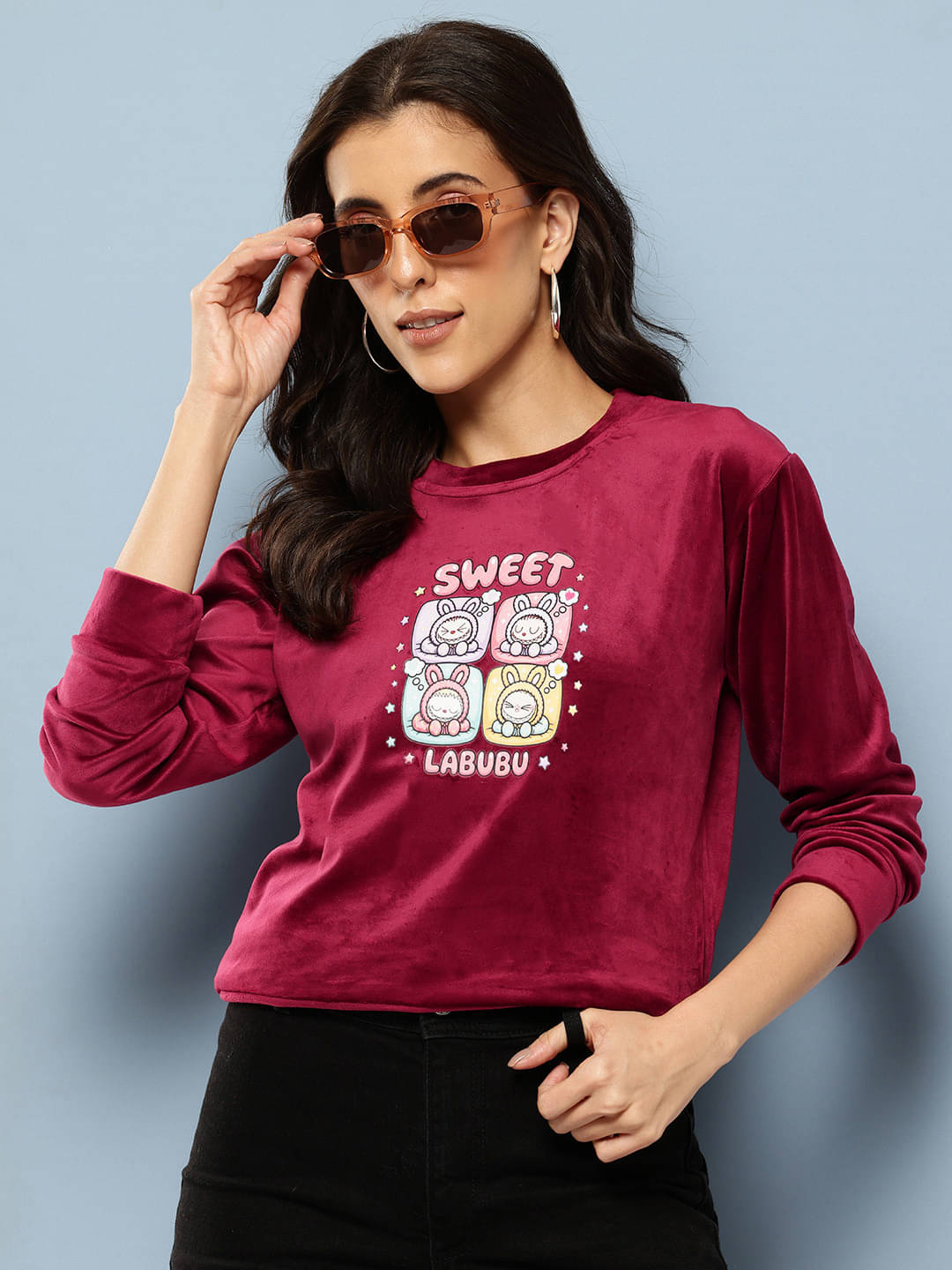 Aarika Women Velvet Round Neck Sweatshirt For Light Winters ( Maroon ) Aarika Women Velvet Round Neck Sweatshirt For Light Winters ( Maroon )