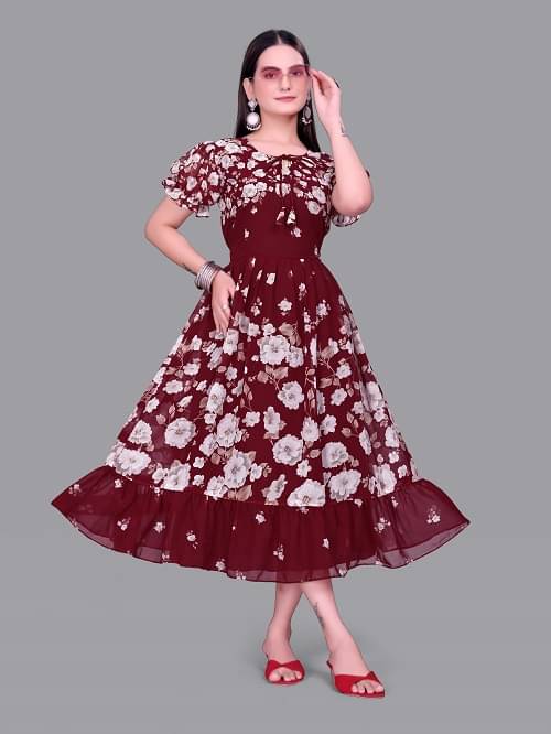 Aika Women Georgette Printed Fit & Flare Dress ( Maroon )     			Aika Women Georgette Printed Fit & Flare Dress ( Maroon )