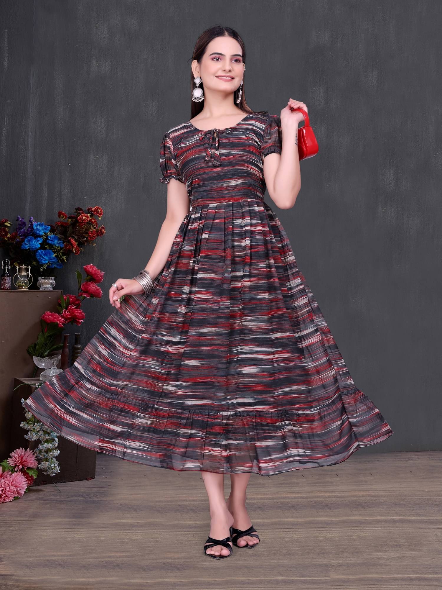     			Aika Women Georgette Printed Fit & Flare Dress ( Black )
