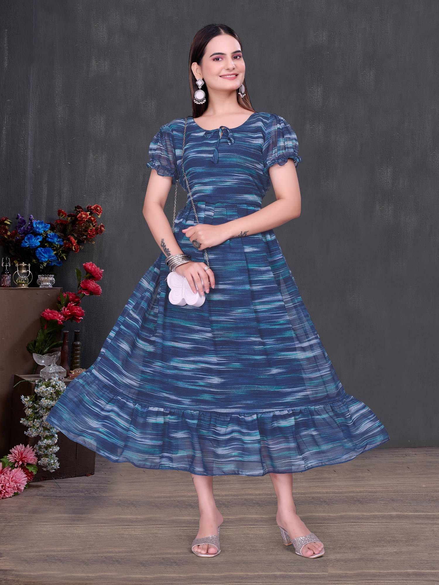     			Aika Women Georgette Printed Fit & Flare Dress ( Blue )