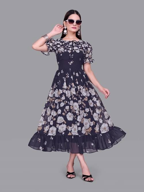     			Aika Women Georgette Printed Fit & Flare Dress ( Navy )
