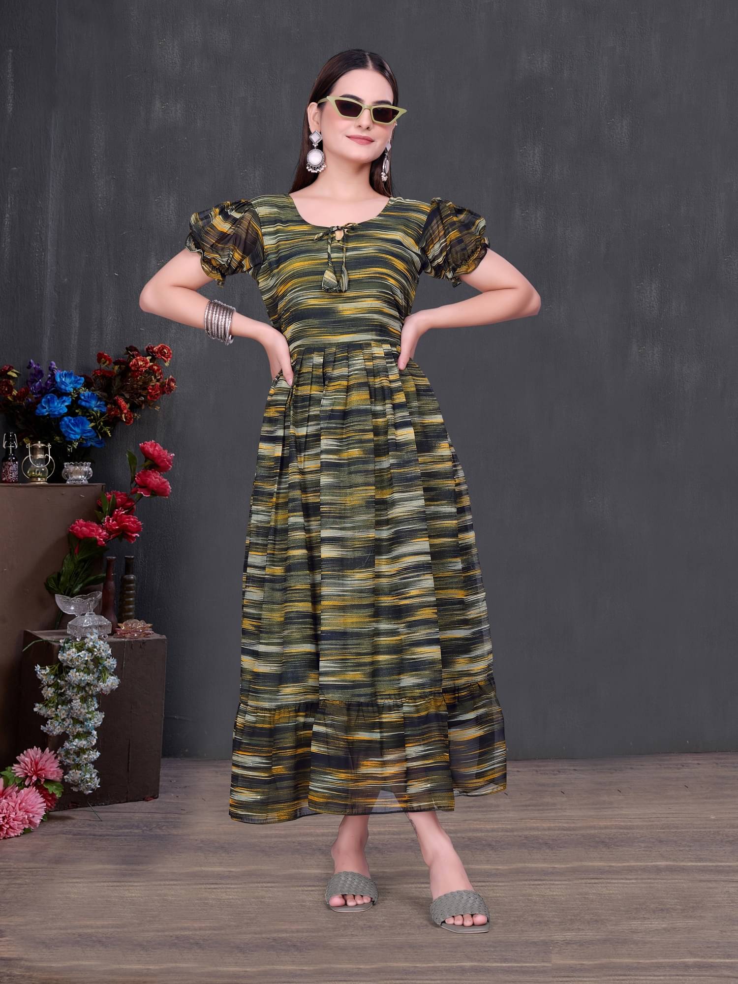     			Aika Women Georgette Printed Fit & Flare Dress ( Green )