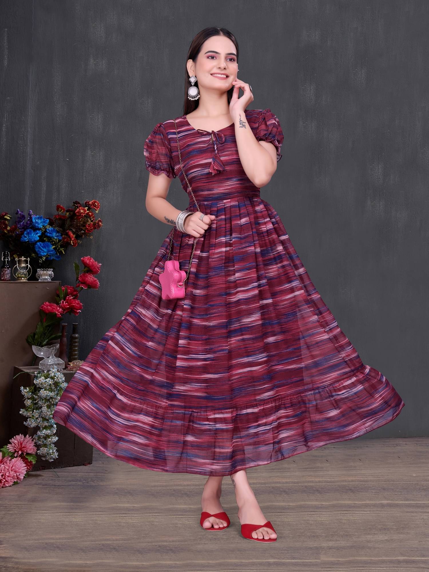     			Aika Women Georgette Printed Fit & Flare Dress ( Maroon )