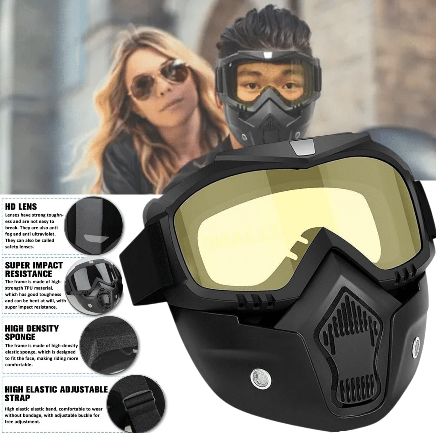 Aksmit Motorcycle Helmet Riding Goggles Glasses With Removable Face Mask,Detachable -proof Warm Goggles Mouth Filter Adjustable Non-slip Strap Vintage Fight Motocross Eyewear ( Yellow )