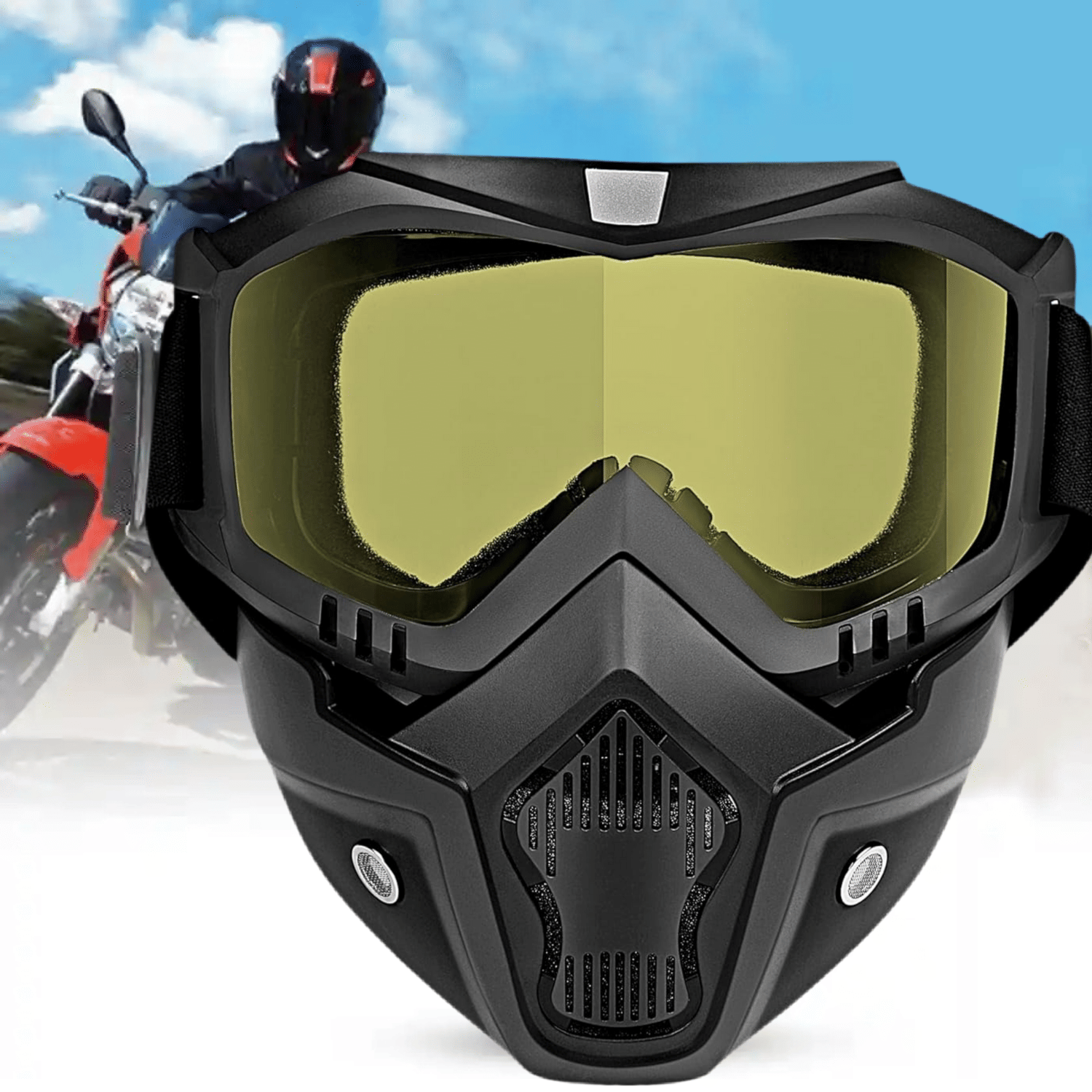     			Aksmit Motorcycle Helmet Riding Goggles Glasses With Removable Face Mask,Detachable -proof Warm Goggles Mouth Filter Adjustable Non-slip Strap Vintage Fight Motocross Eyewear ( Yellow )