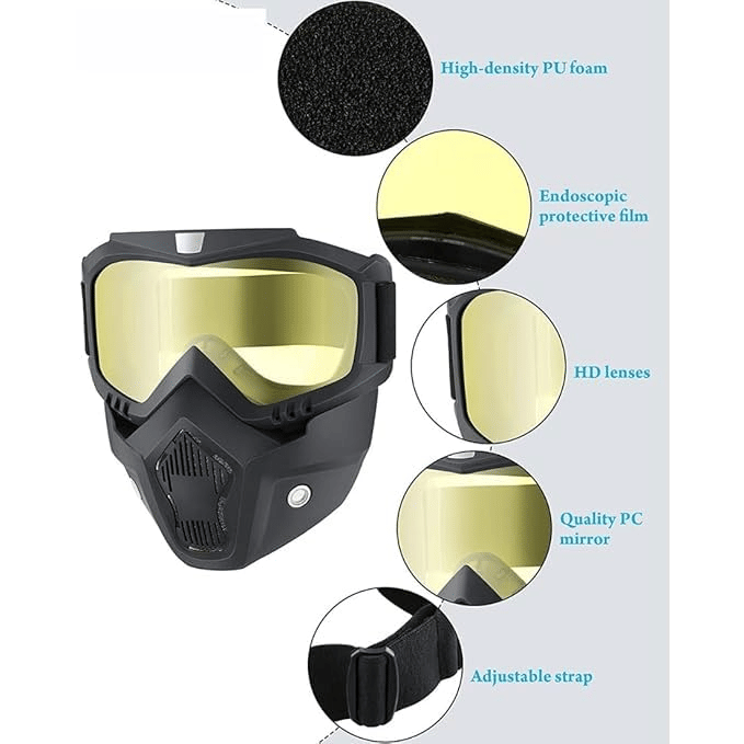     			Aksmit Motorcycle Helmet Riding Goggles Glasses With Removable Face Mask,Detachable -proof Warm Goggles Mouth Filter Adjustable Non-slip Strap Vintage Fight Motocross Eyewear ( Yellow )