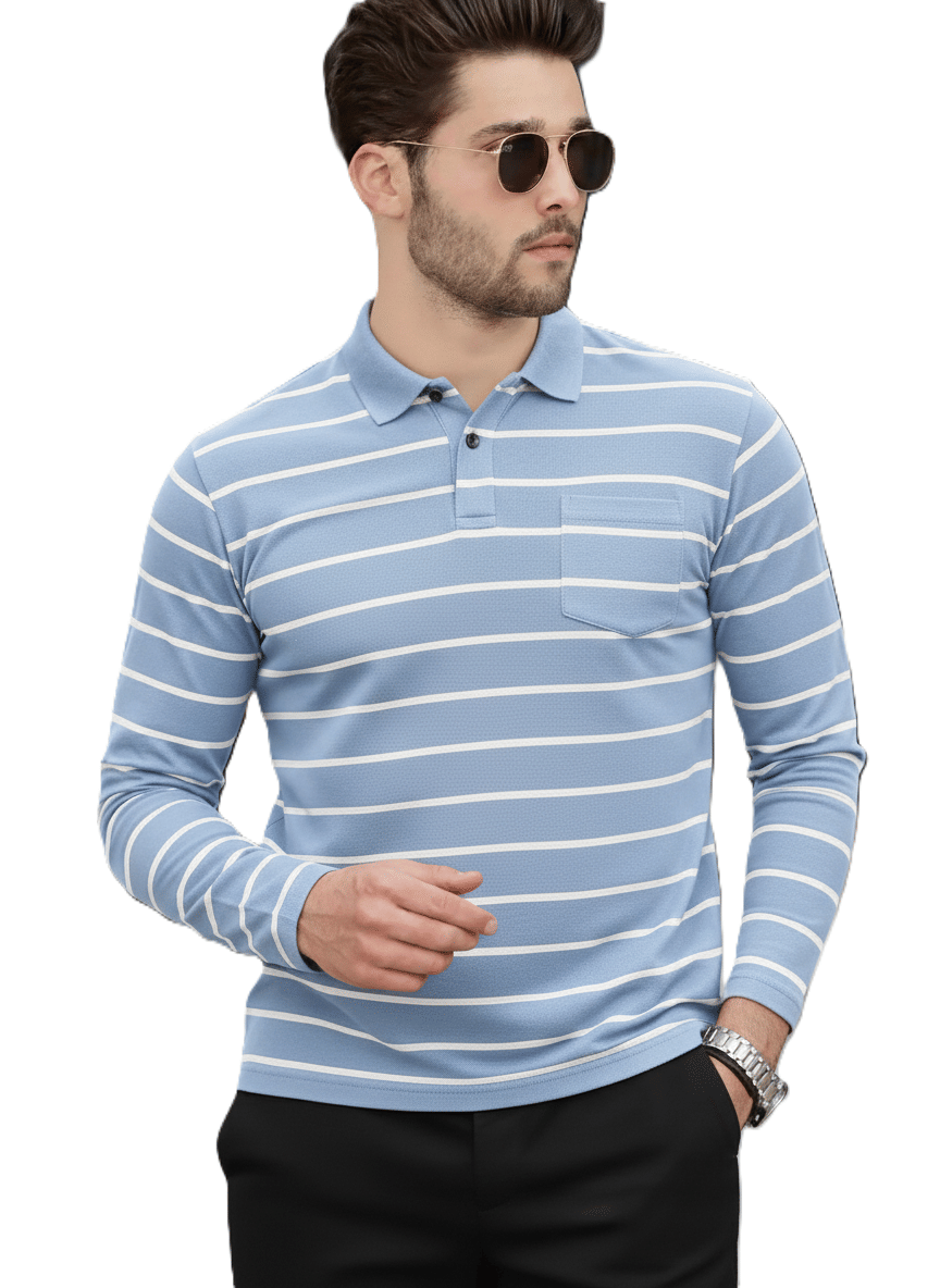     			Alvin Men Cotton Blend Regular Fit Striped Polo T Shirt ( Light Blue )