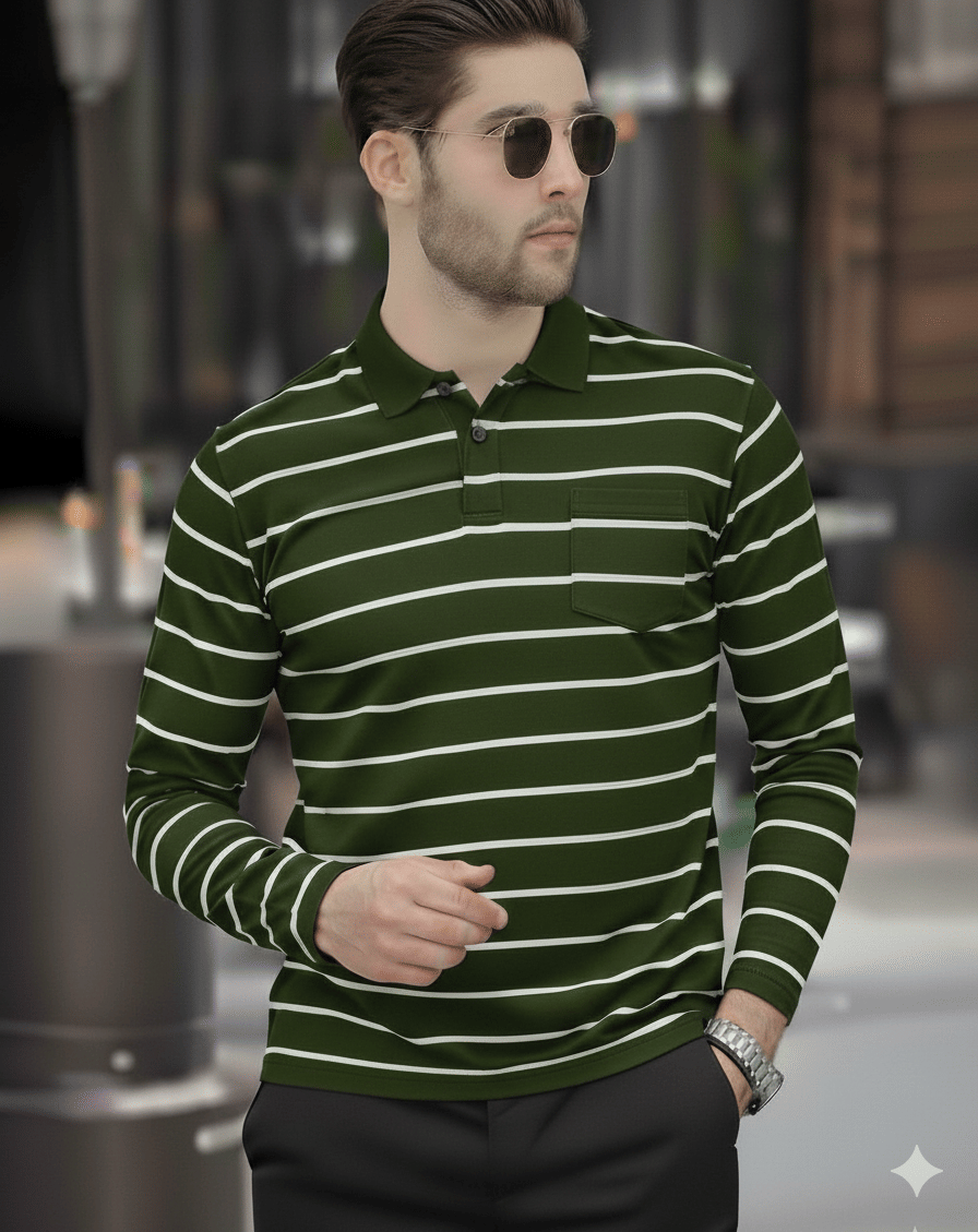 Alvin Men Cotton Blend Regular Fit Striped Polo T Shirt ( Green ) Alvin Men Cotton Blend Regular Fit Striped Polo T Shirt ( Green )