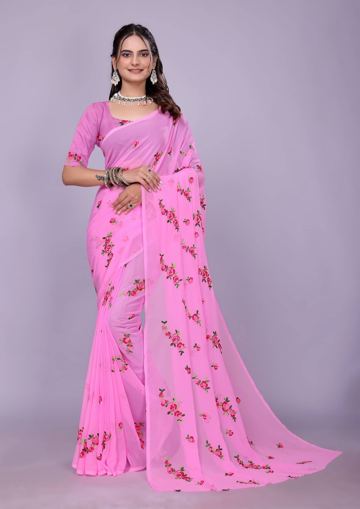 Apnisha Georgette Embroidered Regular Saree With Unstitched Blouse Piece ( Pink ) Apnisha Georgette Embroidered Regular Saree With Unstitched Blouse Piece ( Pink )