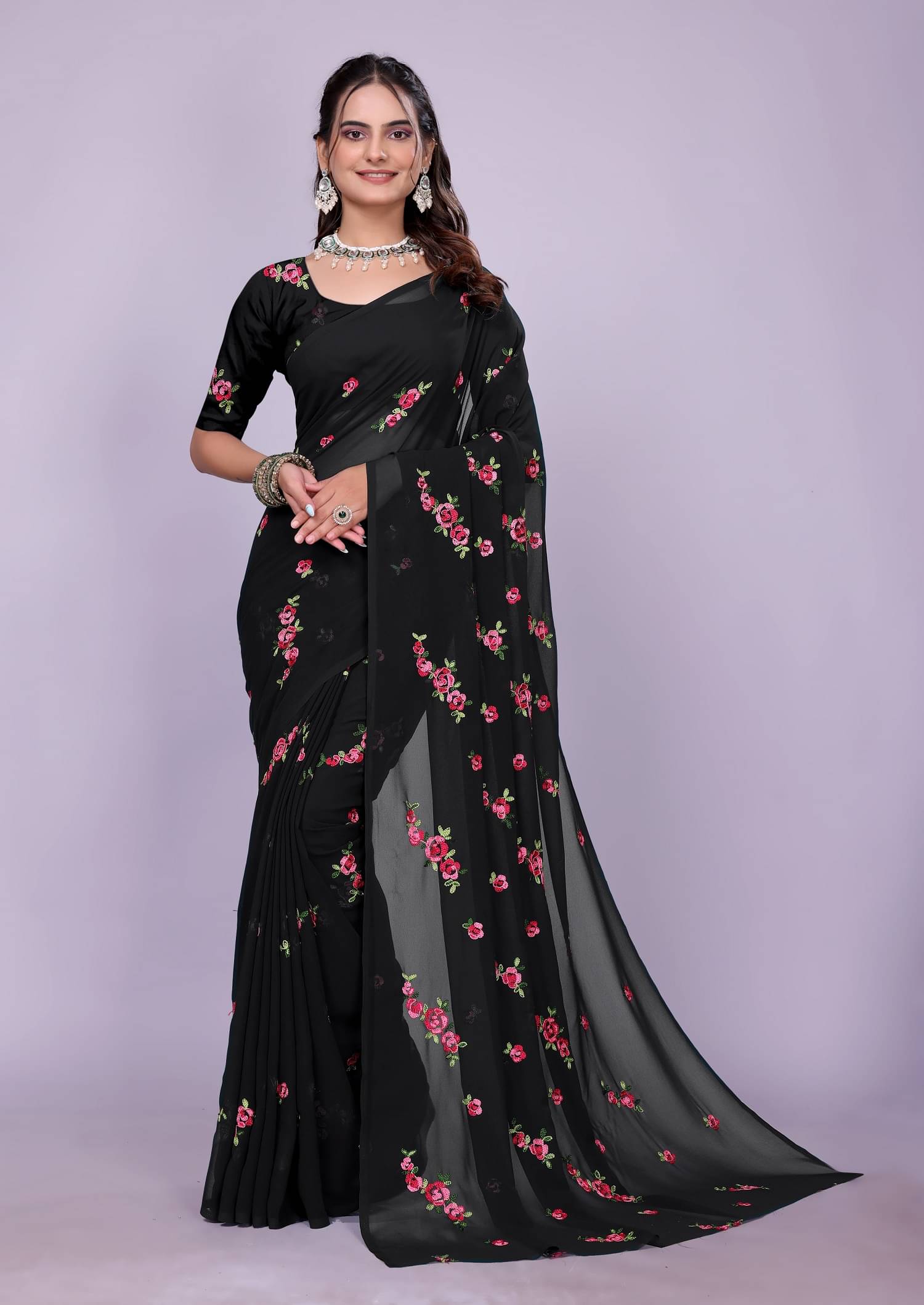 Apnisha Georgette Embroidered Regular Saree With Unstitched Blouse Piece ( Black ) Apnisha Georgette Embroidered Regular Saree With Unstitched Blouse Piece ( Black )
