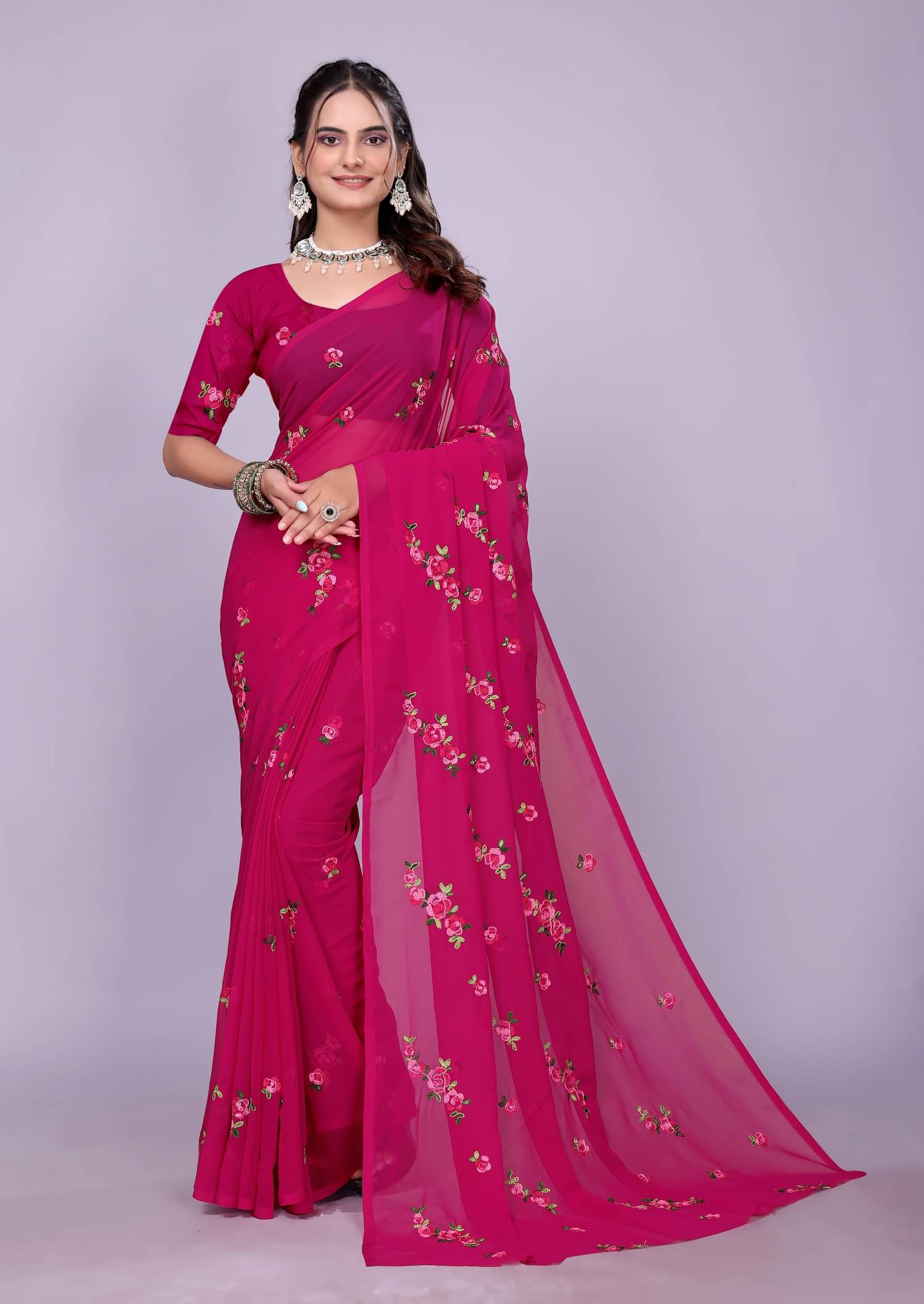 Apnisha Georgette Embroidered Regular Saree With Unstitched Blouse Piece ( Mauve ) Apnisha Georgette Embroidered Regular Saree With Unstitched Blouse Piece ( Mauve )