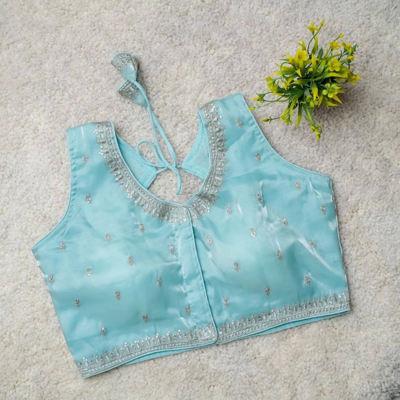 Bigbest Feb Art Silk Readymade with Pad V-Neck Women's Blouse ( Light Blue )     			Bigbest Feb Art Silk Readymade with Pad V-Neck Women's Blouse ( Light Blue )
