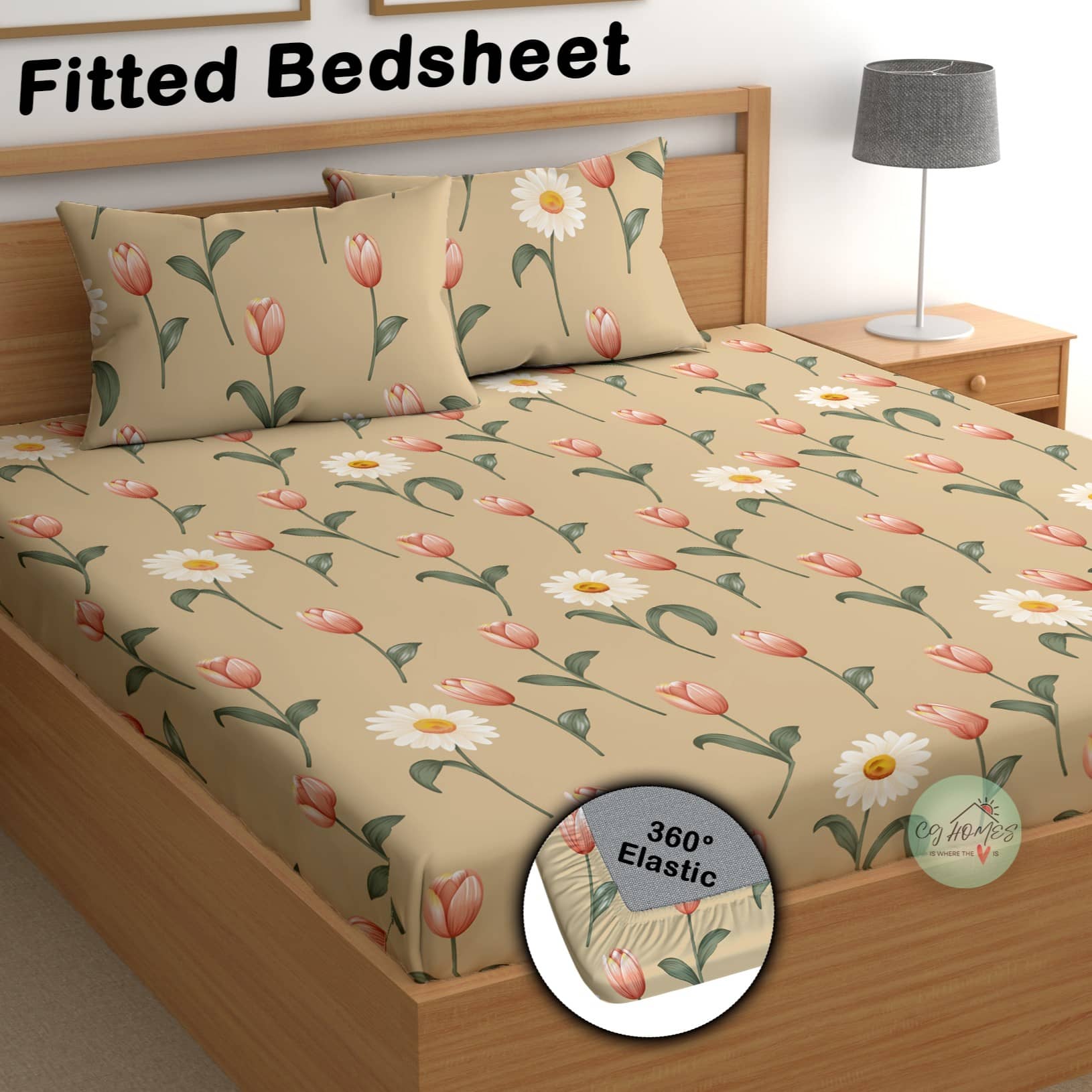 CG HOMES Cotton 1 Double Fitted Bedsheet with 2 Pillow Covers ( 220 cm x 220 cm ) , Brown