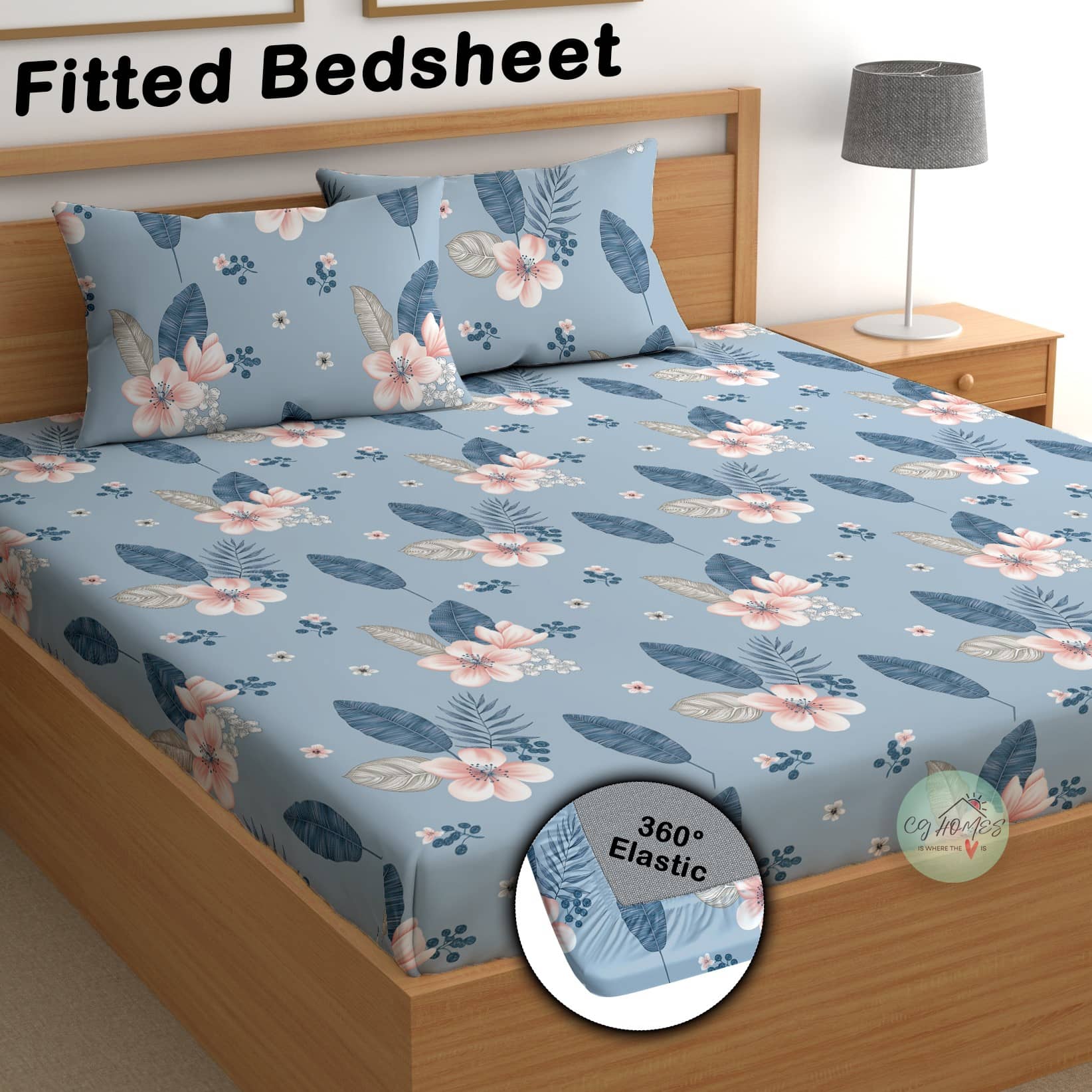 CG HOMES Cotton 1 Double Fitted Bedsheet with 2 Pillow Covers ( 220 cm x 220 cm ) , Blue