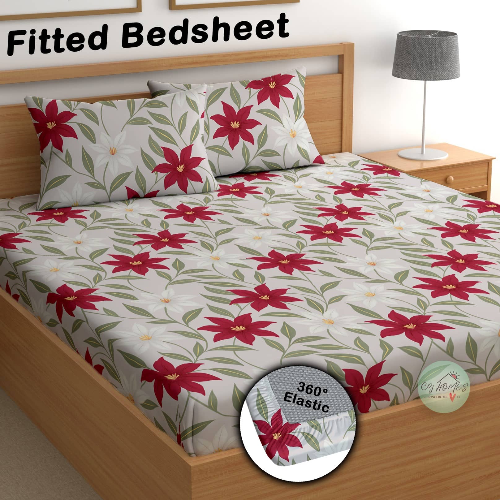 CG HOMES Cotton 1 Double Fitted Bedsheet with 2 Pillow Covers ( 220 cm x 220 cm ) , Gray
