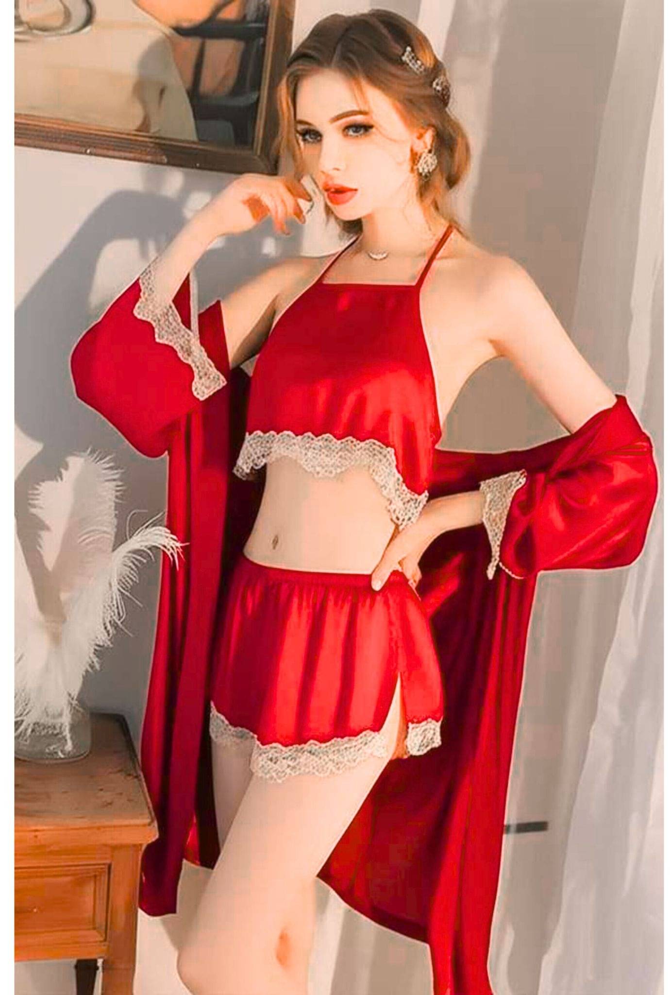     			DIVYASTRI FASHION Red Satin Women Baby Doll Dress With Panty