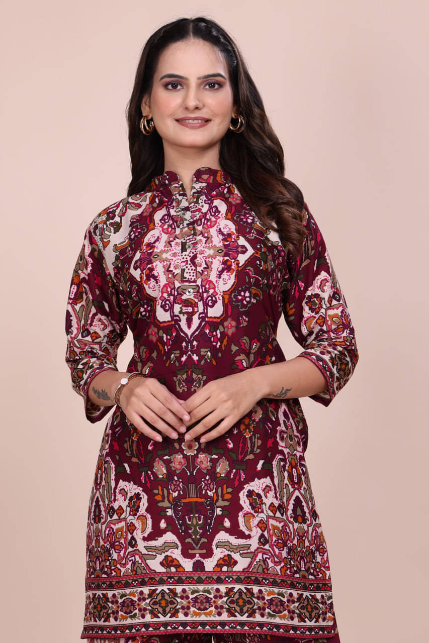     			DOJIN Women Printed Top With Palazzos Co-Ord Set ( Wine )