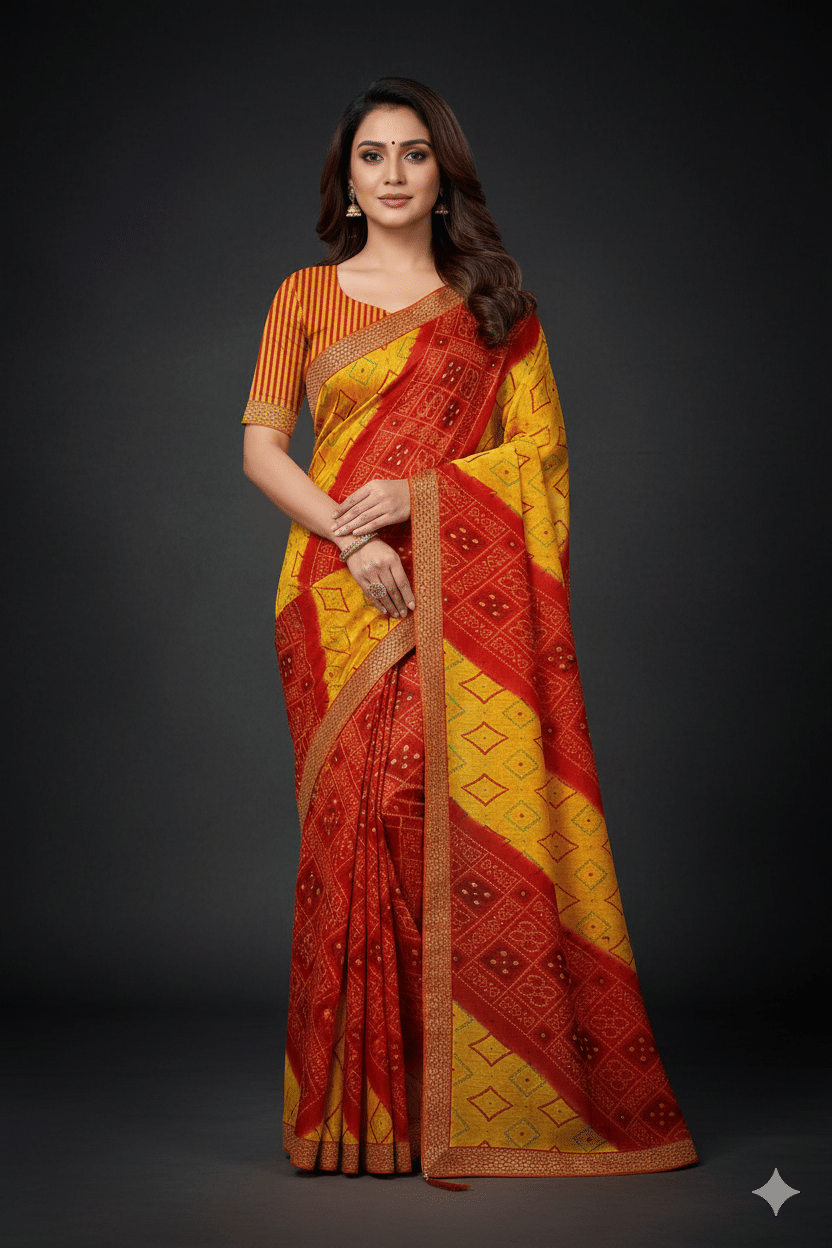     			GENERIC AAHI Silk Blend Printed Bandhani Sarees With Unstitched Blouse Piece ( Yellow,Red )