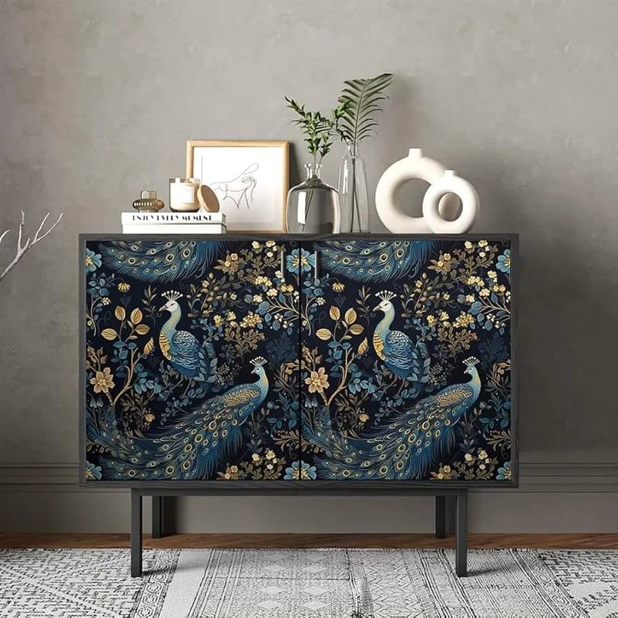     			Gold/Yellow/Blue Peacock Animal Plants Dark Black Peel and Stick Wallpaper Stick on Contact Paper Vintage Wall Paper Easy Peel Off for nightstand Drawer Cabinet Renter(45x500 cm)