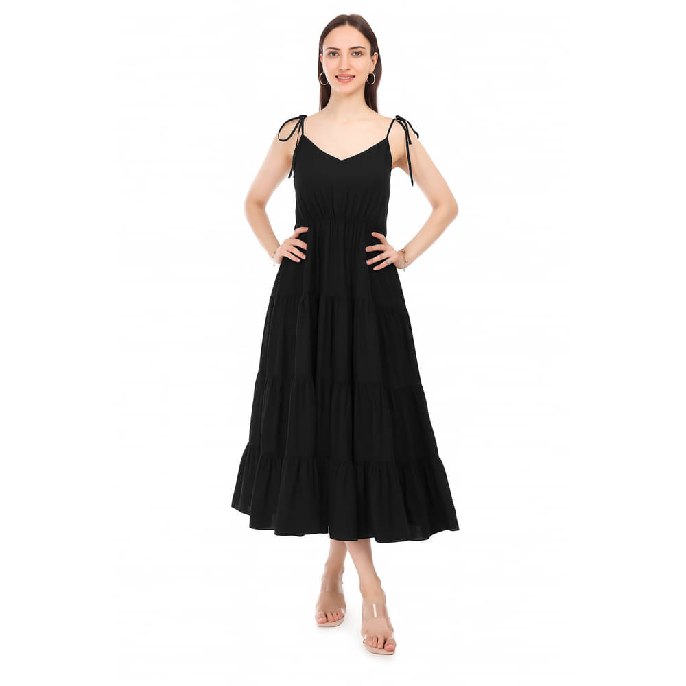 HUEGENZ Women Rayon Solid Fit & Flare Dress ( Black ) HUEGENZ Women Rayon Solid Fit & Flare Dress ( Black )