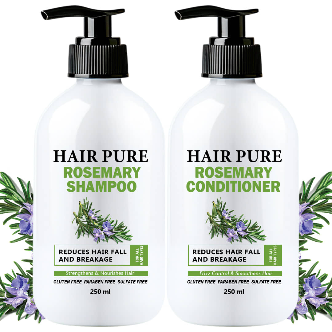 Hair Pure Rosemary Shampoo & Conditioner Combo | With Natural Rosemary Extracts | Reduces Hair Fall & Breakage | Strengthens, Nourishes & Promotes Healthy Hair Growth | Frizz Control, Smooth & Shiny Hair for All Hair Types | 250 ml Each (Pack of 2)