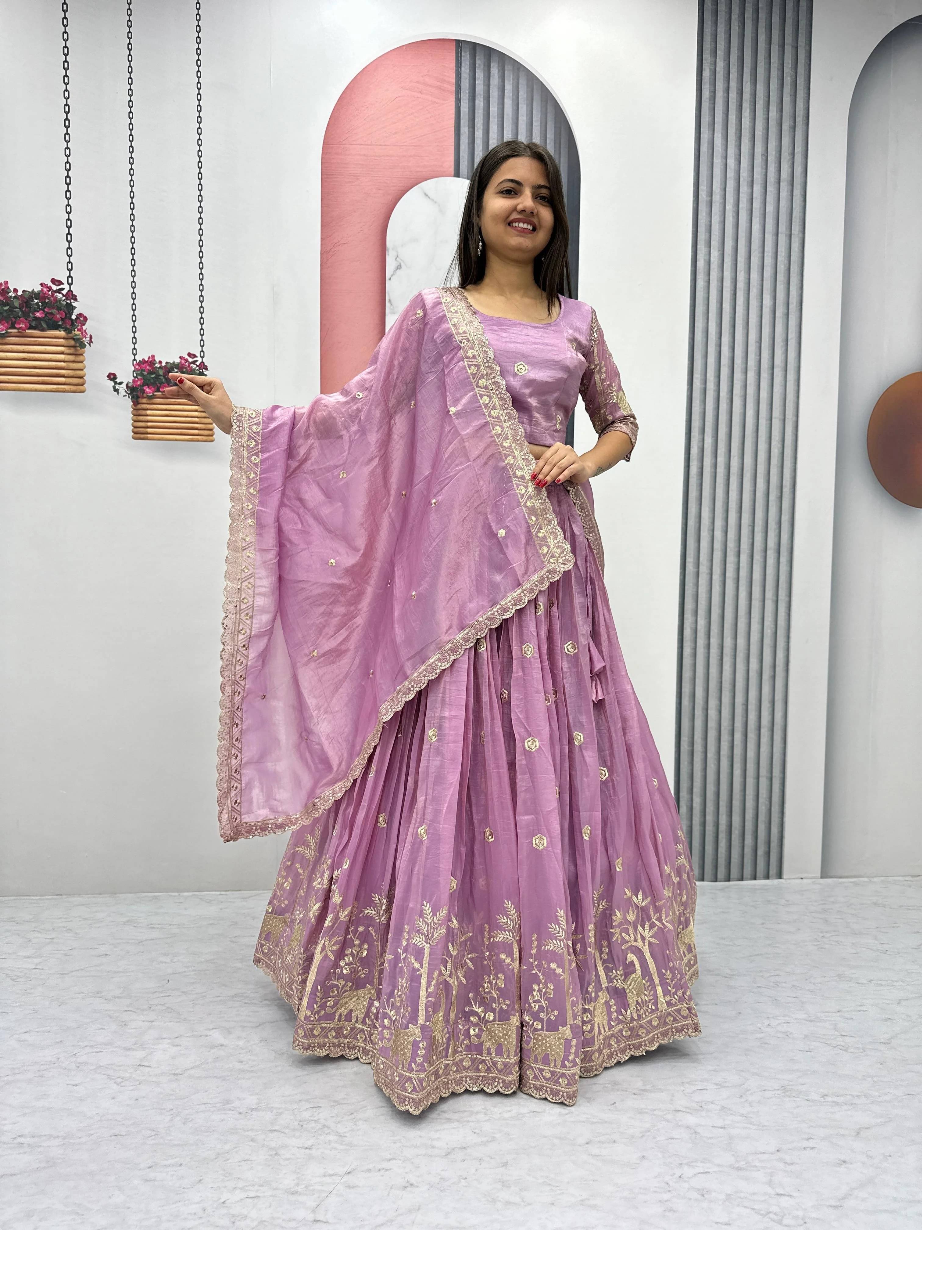 KRISHU ETHNICS Women Silk Blends Flared Semi Stitched Lehenga Choli ( Pink )     			KRISHU ETHNICS Women Silk Blends Flared Semi Stitched Lehenga Choli ( Pink )