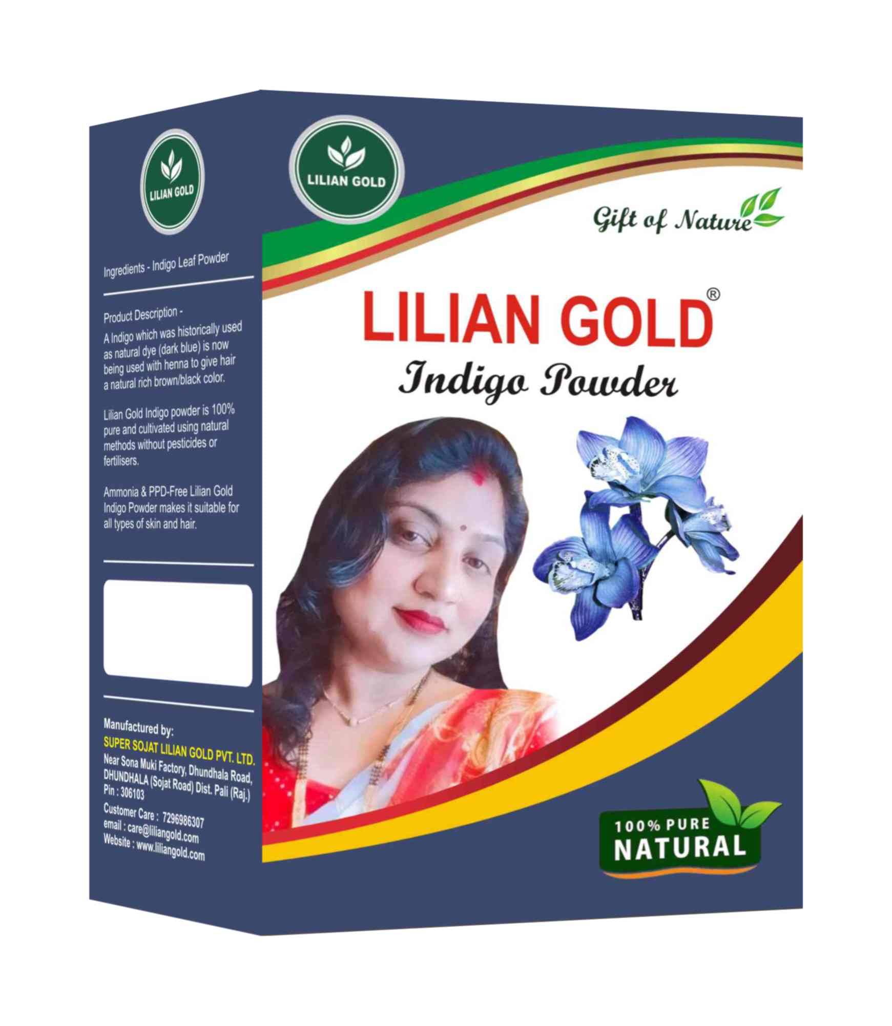     			LILIAN GOLD 100% Natural Indigo Powder For Hair Dark Brown - Black Hair Colour Natural Henna 100 g