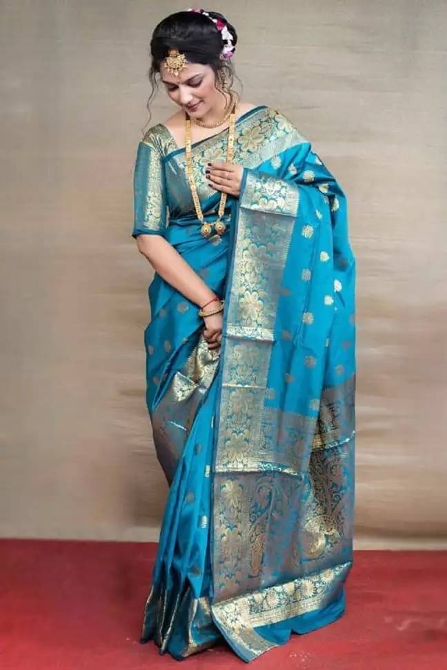 Laadli Cotton Blend Self Design Banarasi saree With Unstitched Blouse Piece ( Blue )     			Laadli Cotton Blend Self Design Banarasi saree With Unstitched Blouse Piece ( Blue )