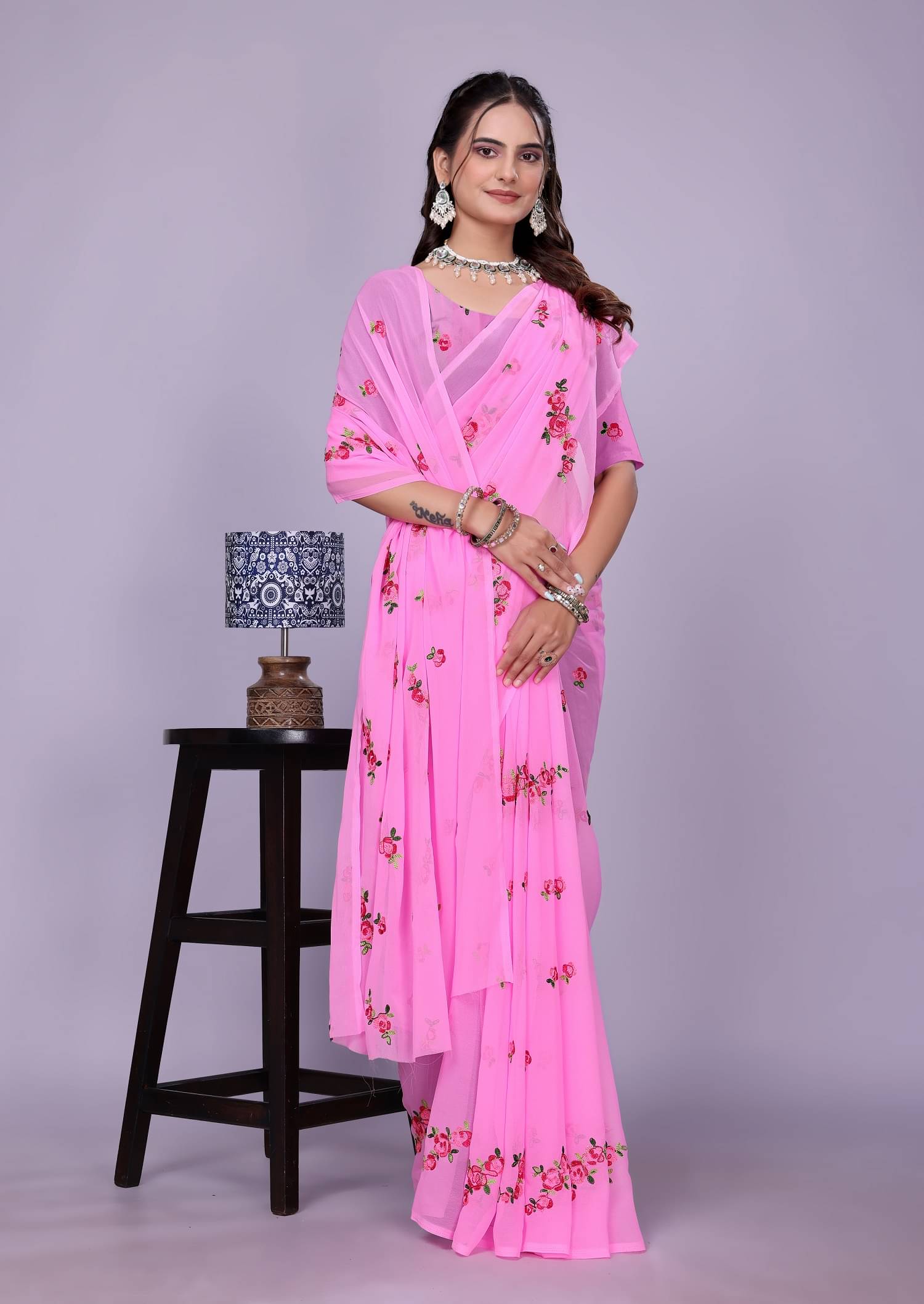 Lady Shopi Georgette Embroidered Regular Saree With Unstitched Blouse Piece ( Pink ) Lady Shopi Georgette Embroidered Regular Saree With Unstitched Blouse Piece ( Pink )