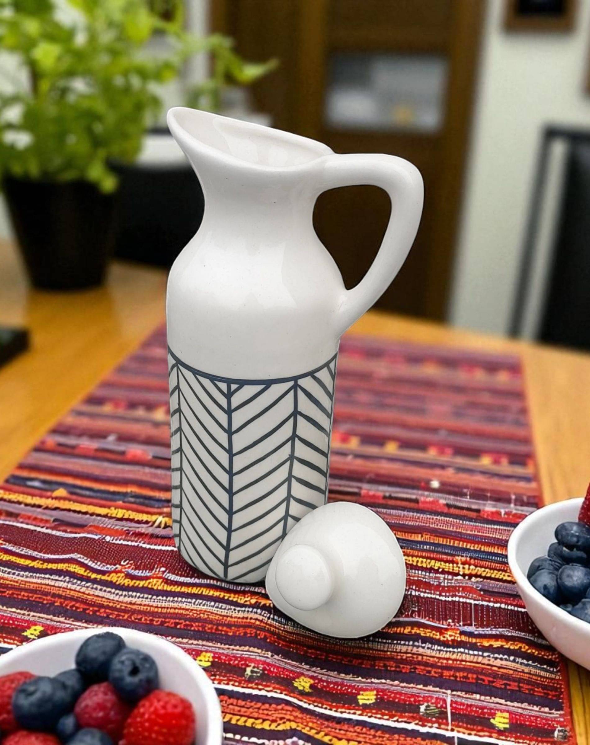 Malaikah Printed Oil Bottle Ceramic White Oil Container ( Set of 1 ) Malaikah Printed Oil Bottle Ceramic White Oil Container ( Set of 1 )