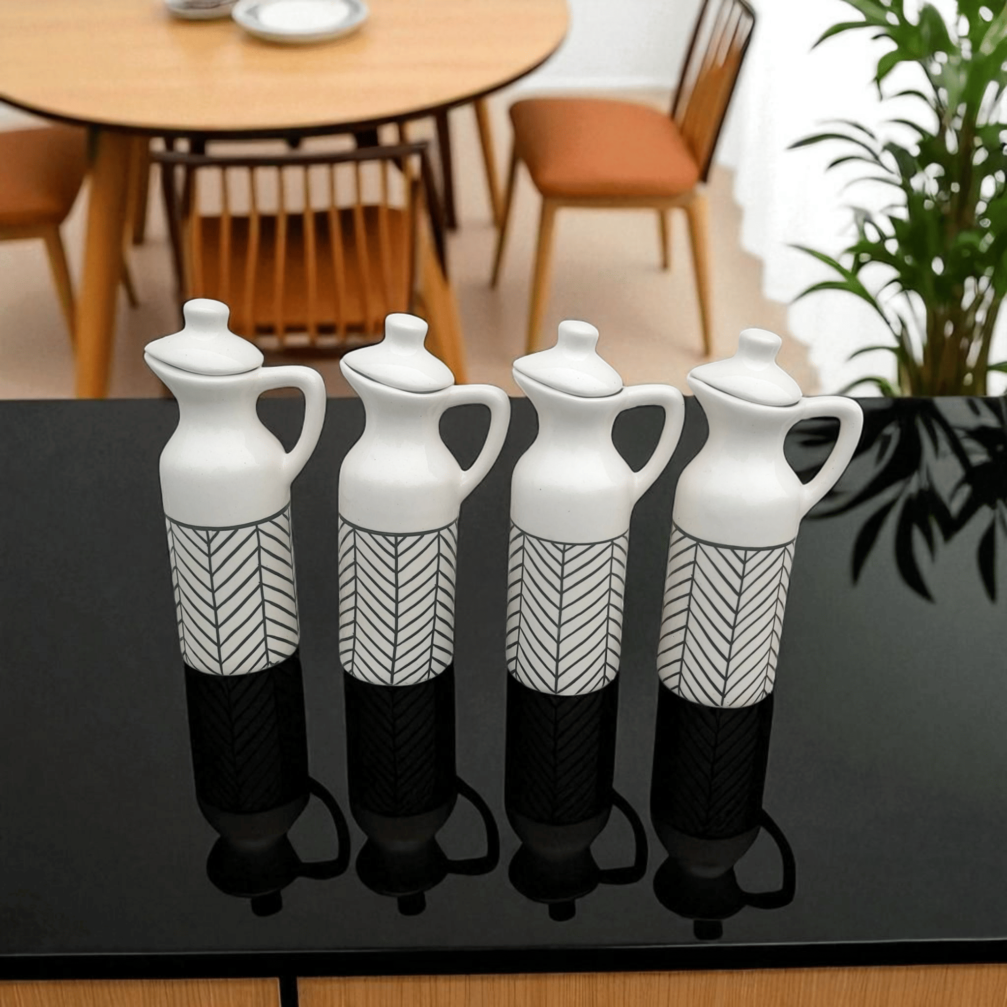     			Malaikah Zebra Oil Bottle Ceramic White Oil Container ( Set of 4 )