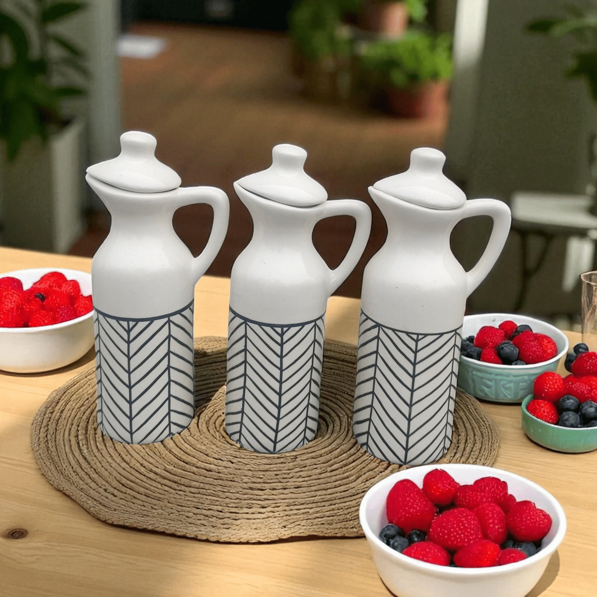     			Malaikah Zebra Oil Bottle Ceramic White Oil Container ( Set of 3 )