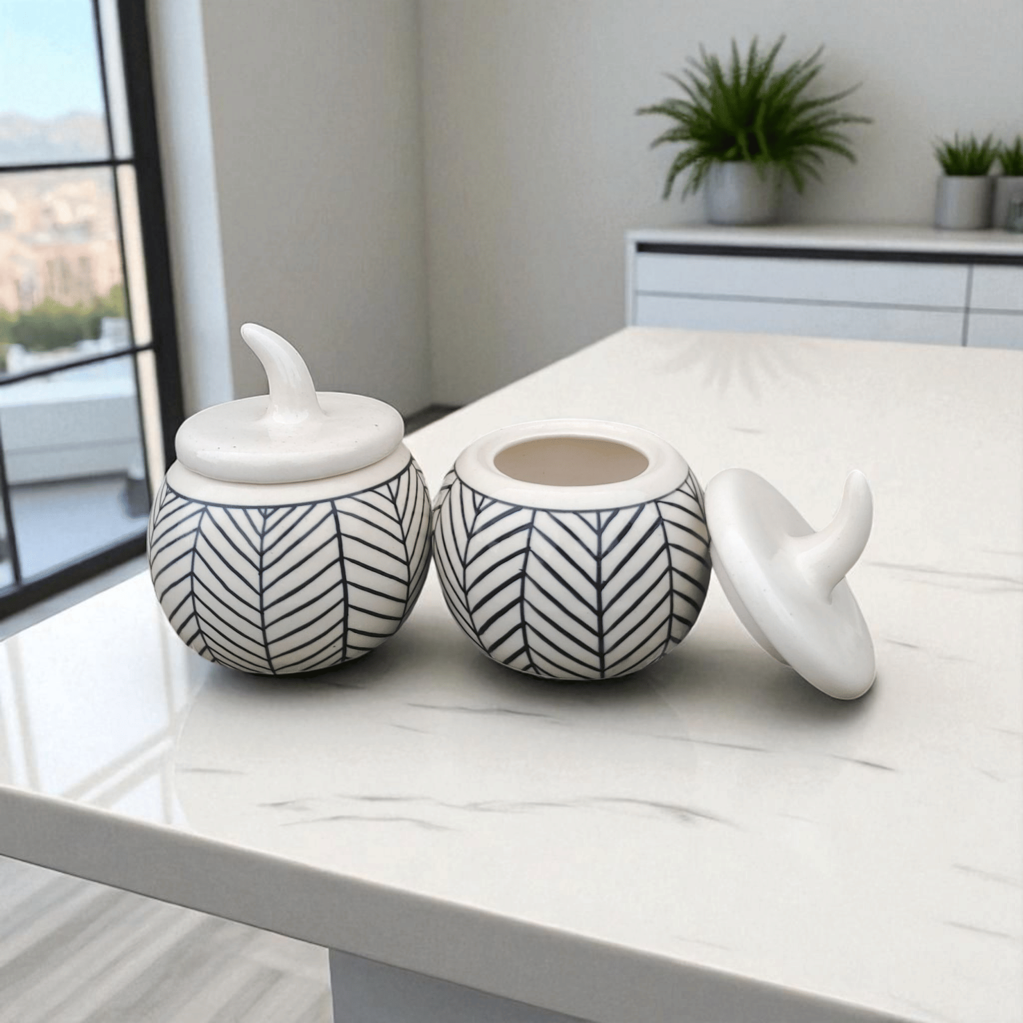     			Malaikah Zebra Salt Jar Ceramic White Tea/Coffee/Sugar Container ( Set of 2 )