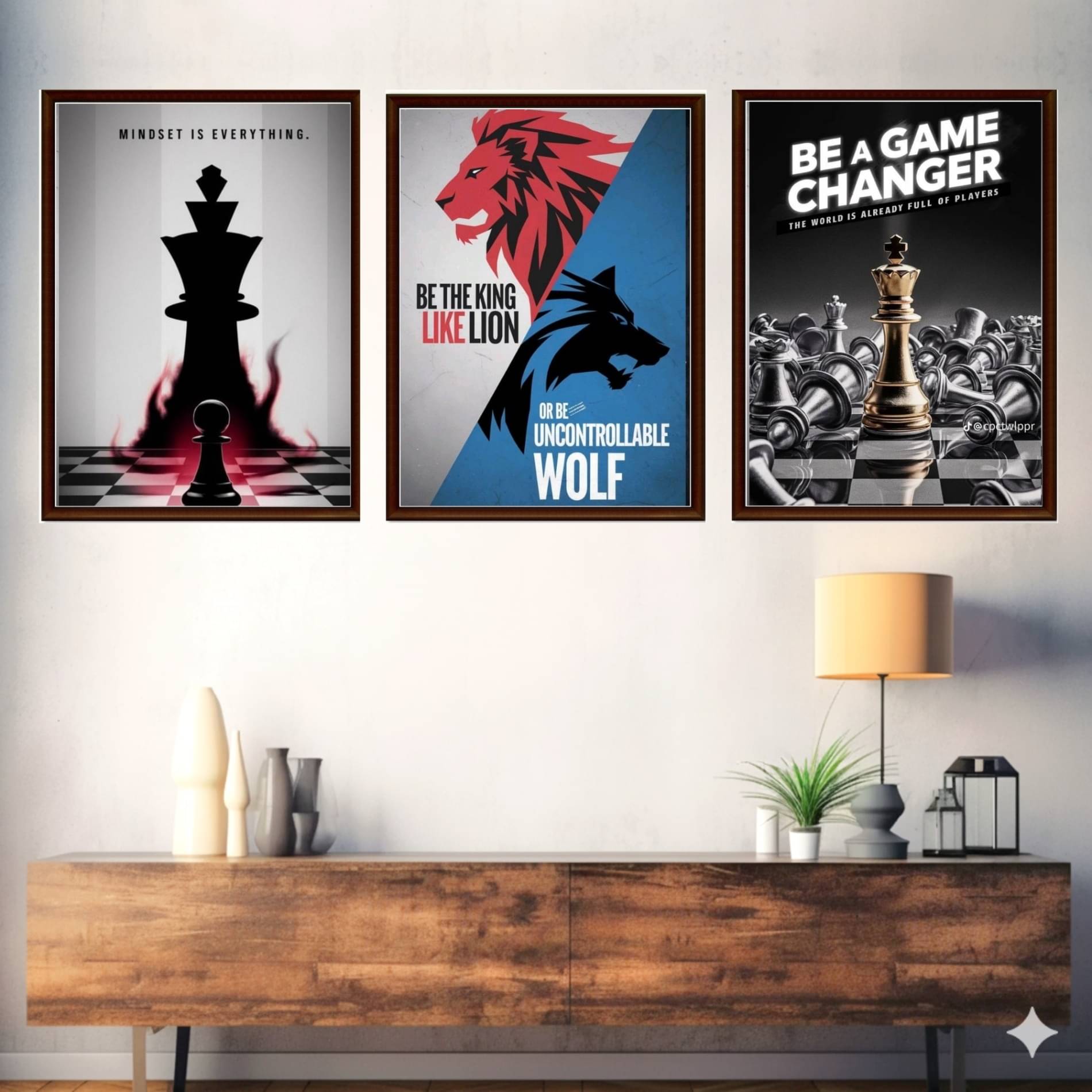     			Motivational Chess Wall Art Set, 3 Pieces, Framed Canvas Prints with Mindset Quotes, Black and Gold