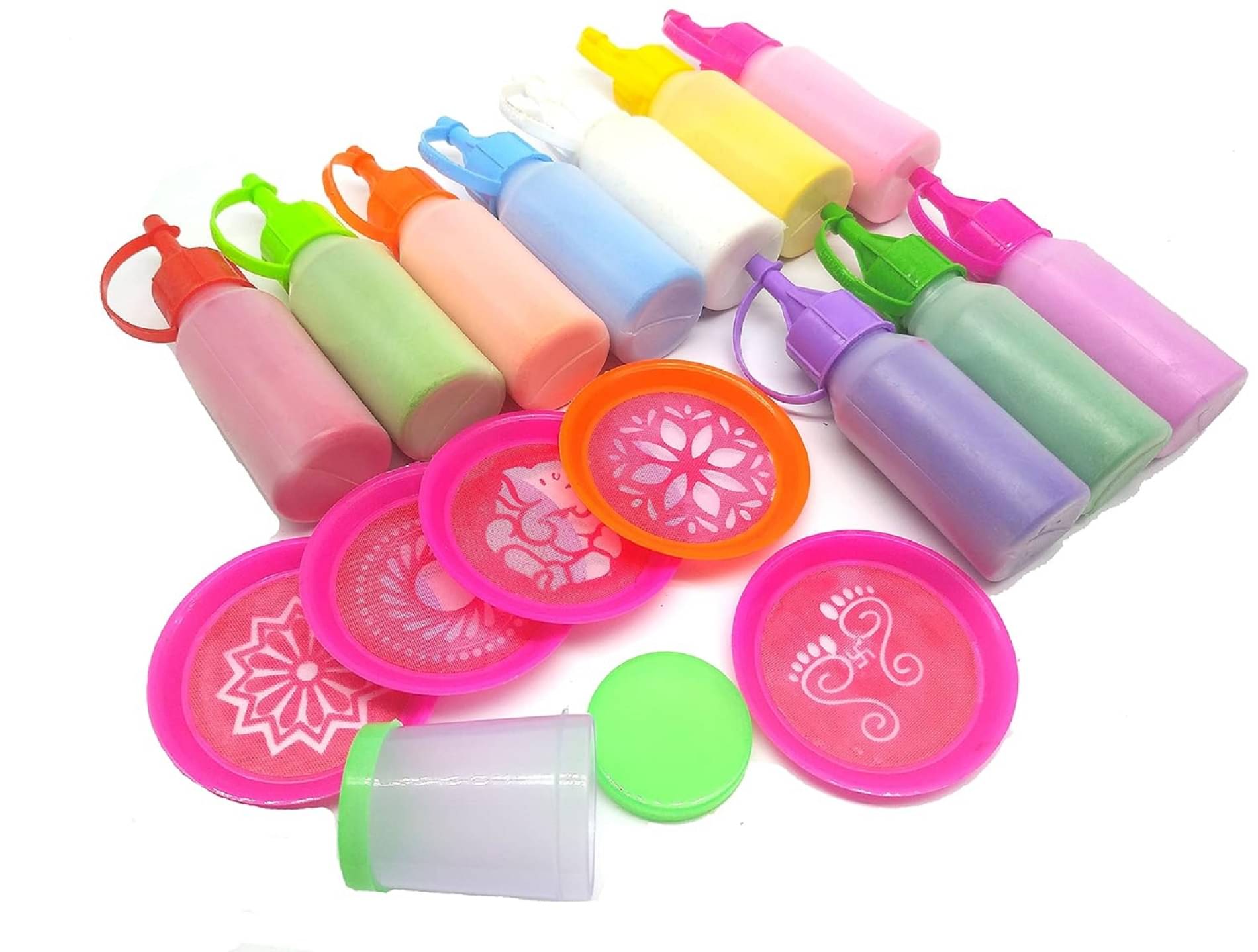     			PRANSUNITA Complete Rangoli Making Tool Kit- Includes 10 Bright Rangoli Colour in Comfortable Squeeze Bottle Pack (Total 1000 GMS) – 5 pcs Mini 3-inch Rangoli Channi Stencil & Colour Filler