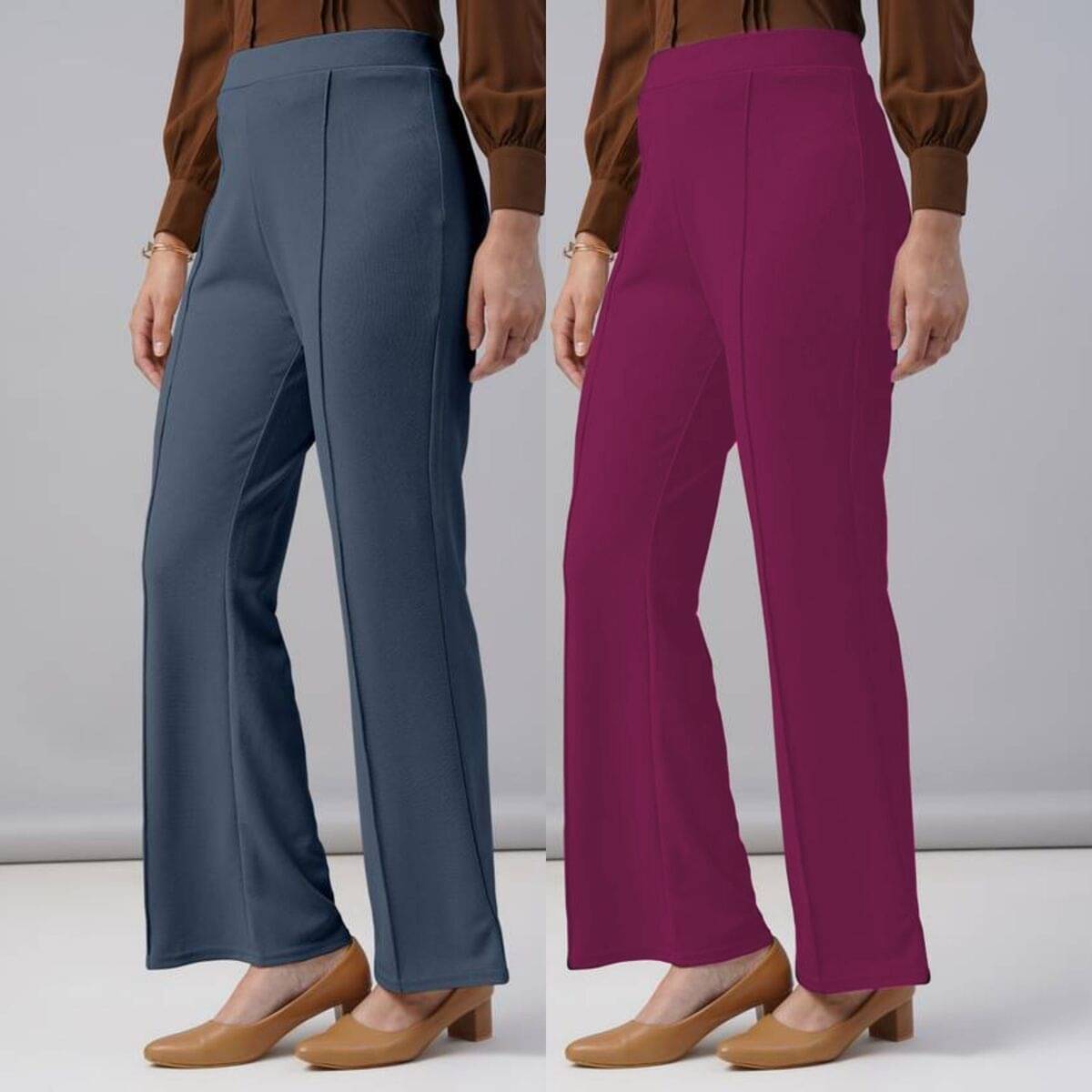     			Qyaas Women Lycra Wide Leg Trousers ( Dark Grey,Pink )