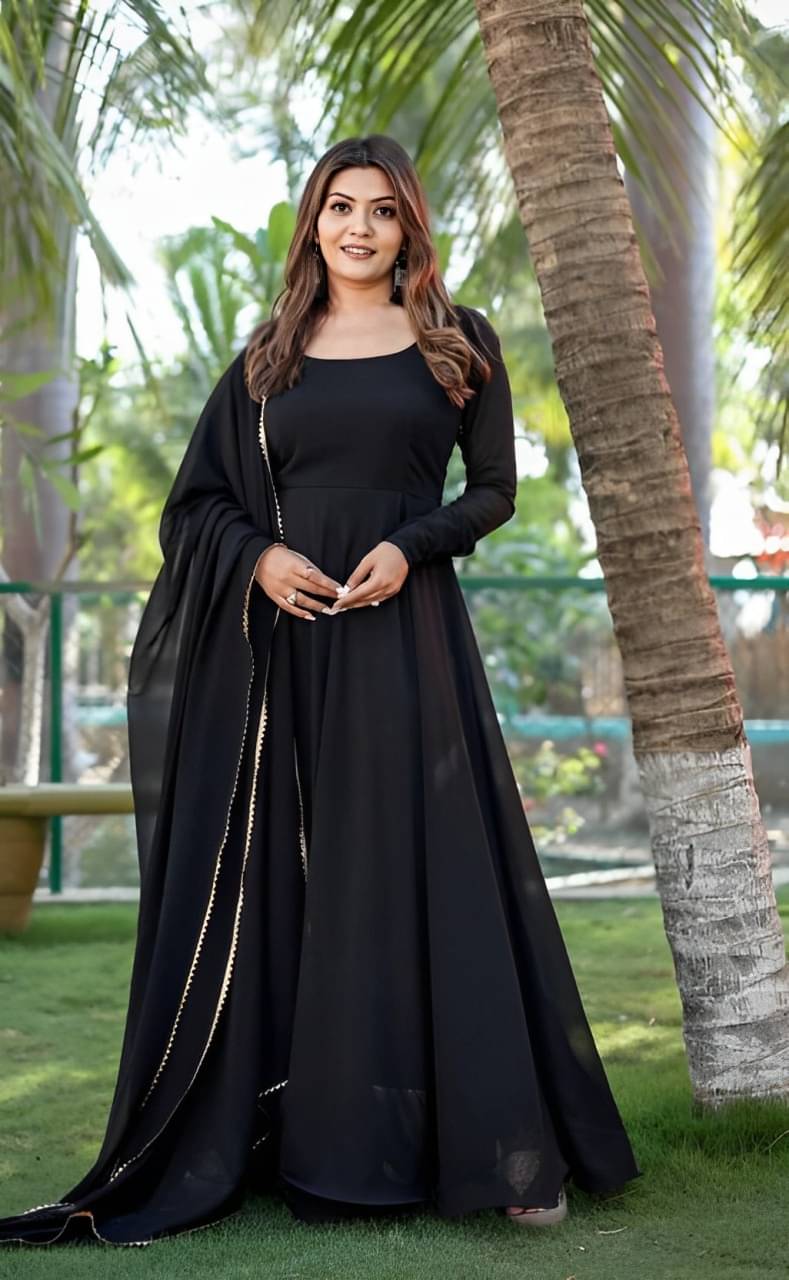     			REVA ENTERPRISE Women Georgette Anarkali Stitched Ethnic Gown With Dupatta ( Black )
