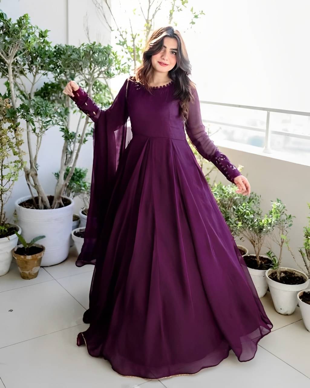 REVA ENTERPRISE Women Georgette Anarkali Stitched Ethnic Gown With Dupatta ( Purple ) REVA ENTERPRISE Women Georgette Anarkali Stitched Ethnic Gown With Dupatta ( Purple )