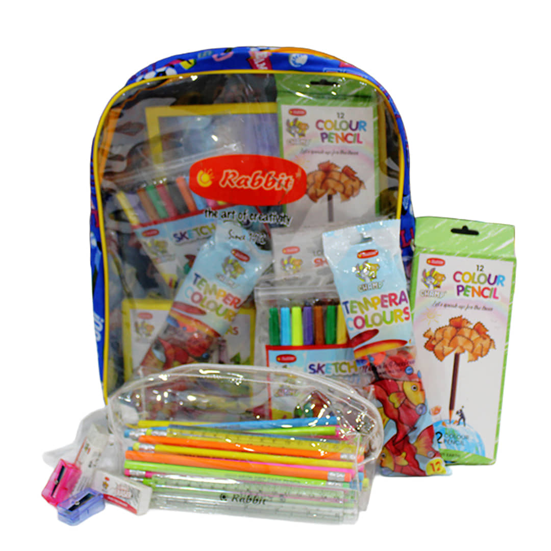 Rabbit Champions Stationery Kit – 50 Neon Rubber Tip Pencils, Jumbo Sharpener & Eraser, 5 Scales, Colour Pencils, Sketch Pens, Wax Crayons, Tempera Colours, Pouch, Bag & Drawing Book