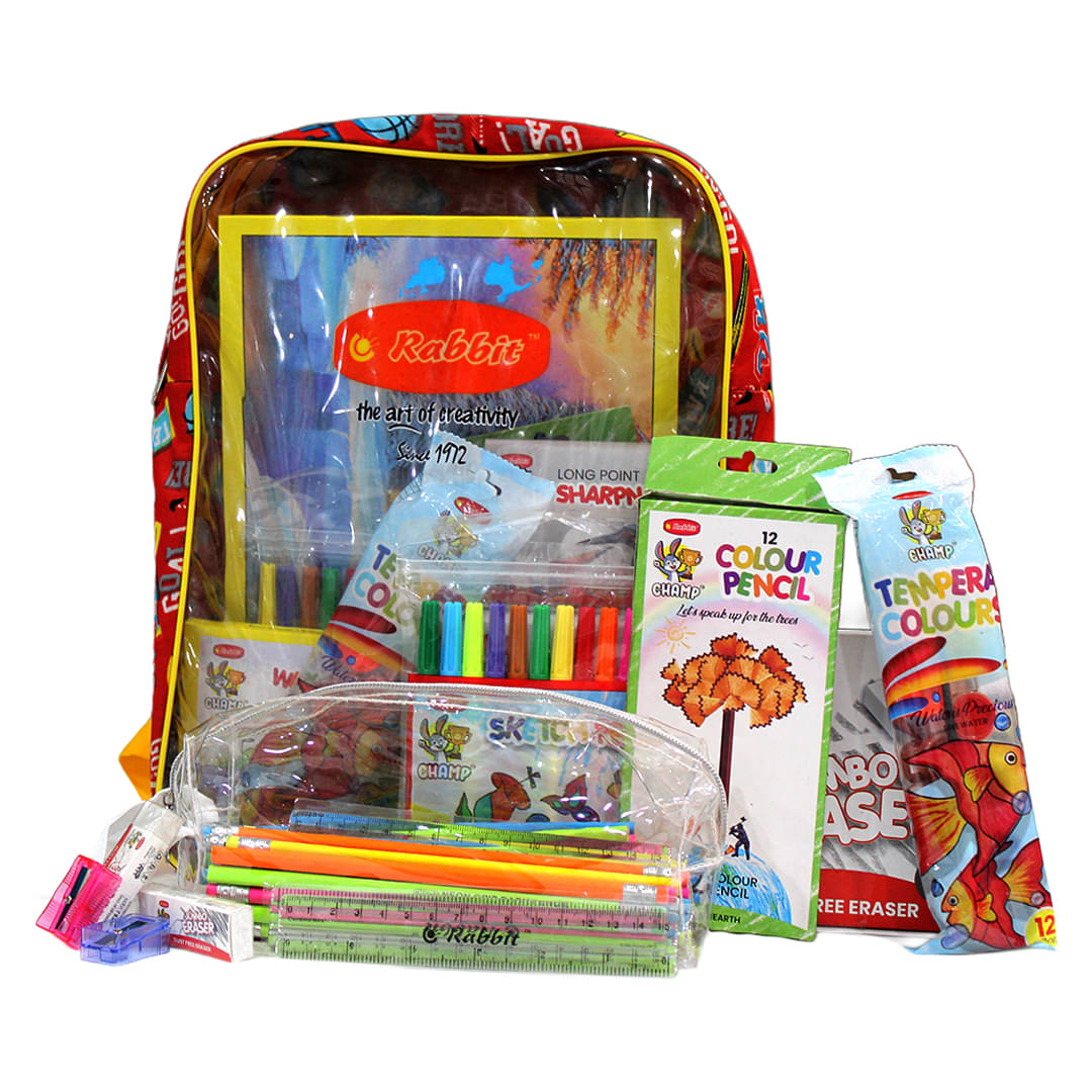     			Rabbit Champions Stationery Kit – 50 Neon Rubber Tip Pencils, Jumbo Sharpener & Eraser, 5 Scales, Colour Pencils, Sketch Pens, Wax Crayons, Tempera Colours, Pouch, Bag & Drawing Book