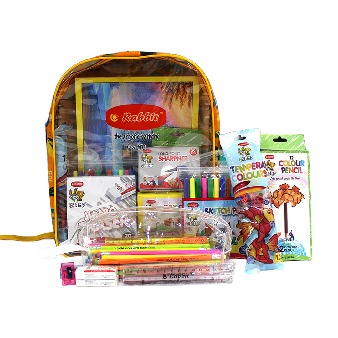     			Rabbit Champions Stationery Kit – 50 Neon Rubber Tip Pencils, Jumbo Sharpener & Eraser, 5 Scales, Colour Pencils, Sketch Pens, Wax Crayons, Tempera Colours, Pouch, Bag & Drawing Book