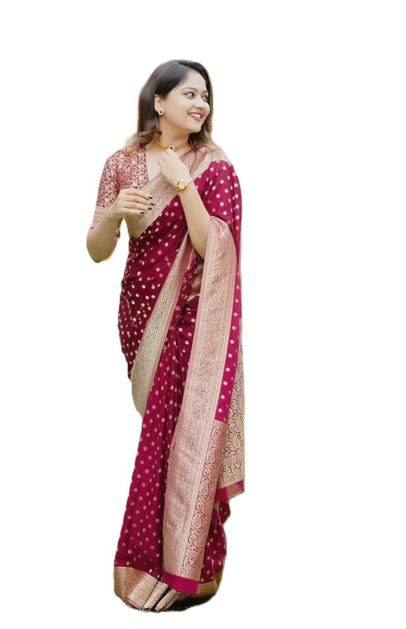     			Rv fashion Cotton Silk Printed Banarasi saree With Unstitched Blouse Piece ( Maroon )