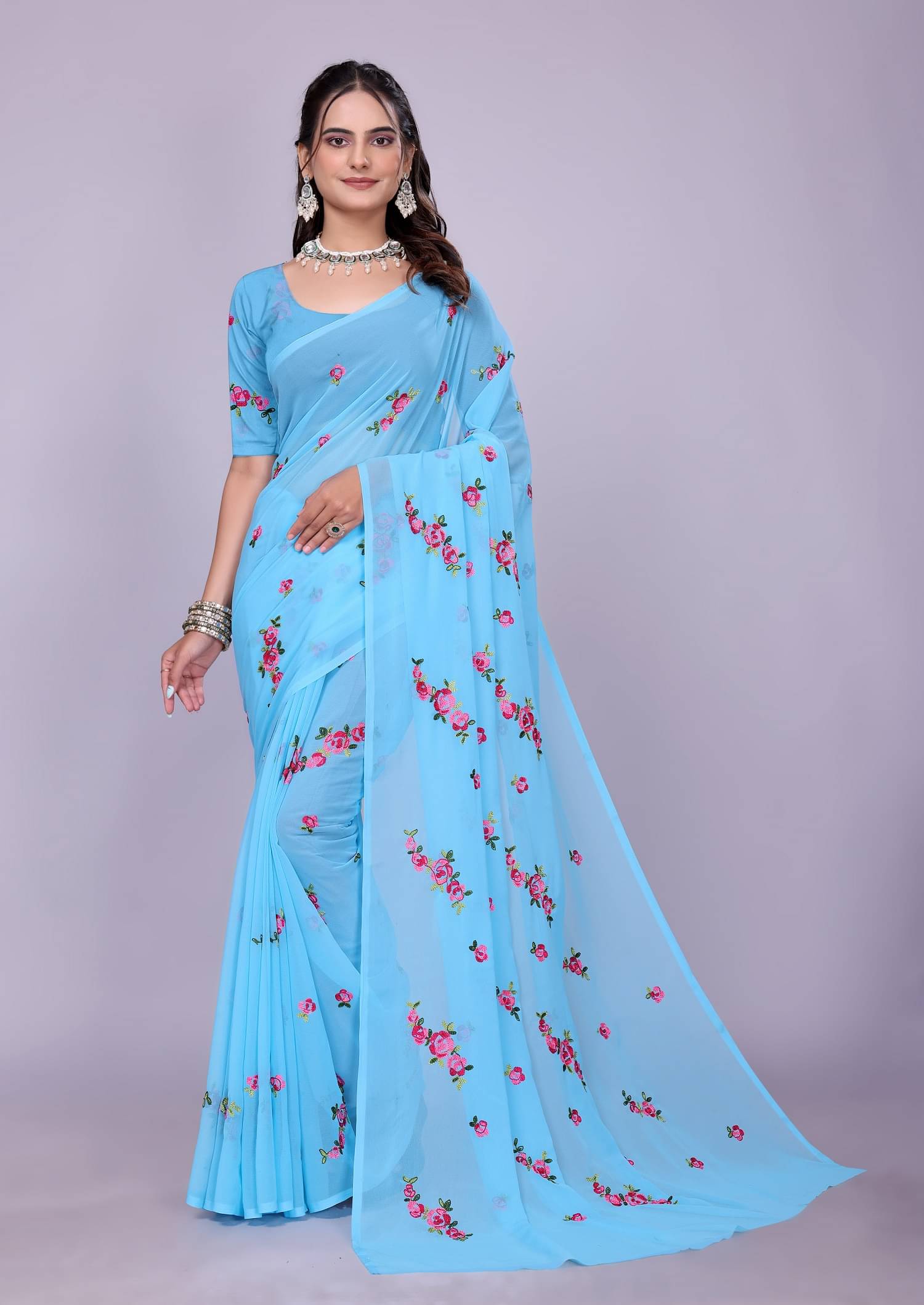 SATVASHIV Georgette Embroidered Regular Saree With Unstitched Blouse Piece ( Sky Blue ) SATVASHIV Georgette Embroidered Regular Saree With Unstitched Blouse Piece ( Sky Blue )