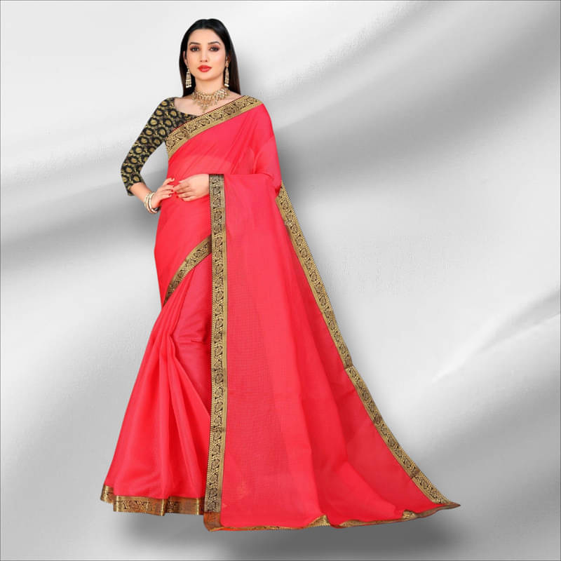     			Surat Bazaar Polyester Self Design Kota Doria Saree With Unstitched Blouse Piece ( Pink )