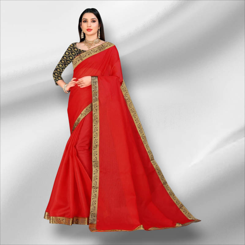    			Surat Bazaar Polyester Self Design Kota Doria Saree With Unstitched Blouse Piece ( Red )