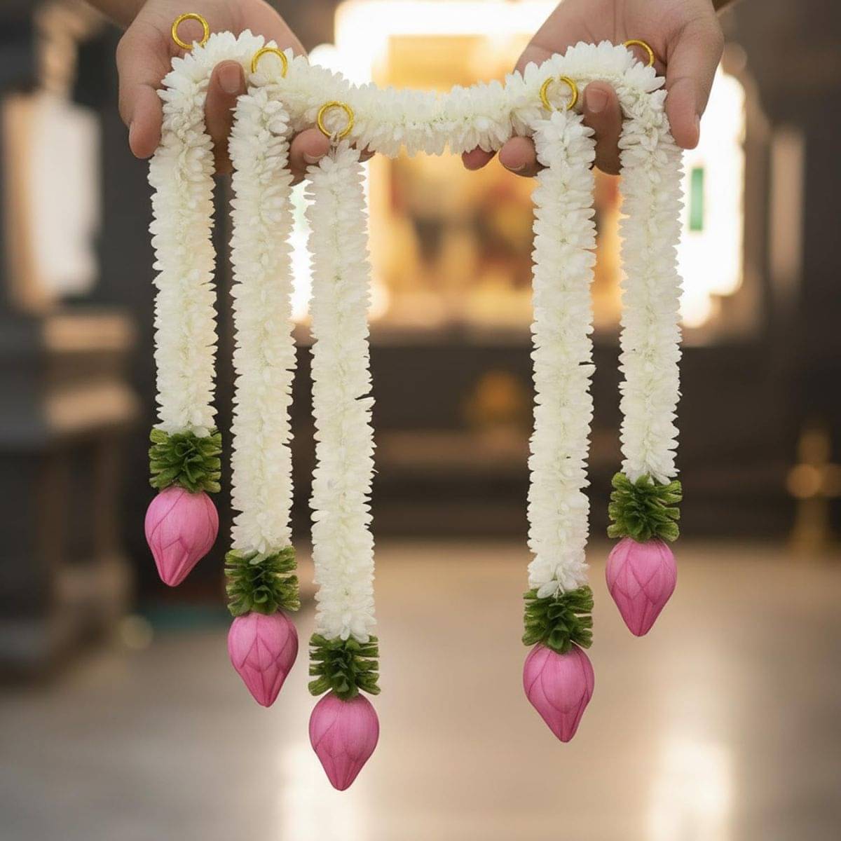 Tiny Shiny Artificial Flowers Hanging Garlands 5pcs Lotus Mogra Flower Strings for Home Decor, Mandir, Wedding, Office     			Tiny Shiny Artificial Flowers Hanging Garlands 5pcs Lotus Mogra Flower Strings for Home Decor, Mandir, Wedding, Office